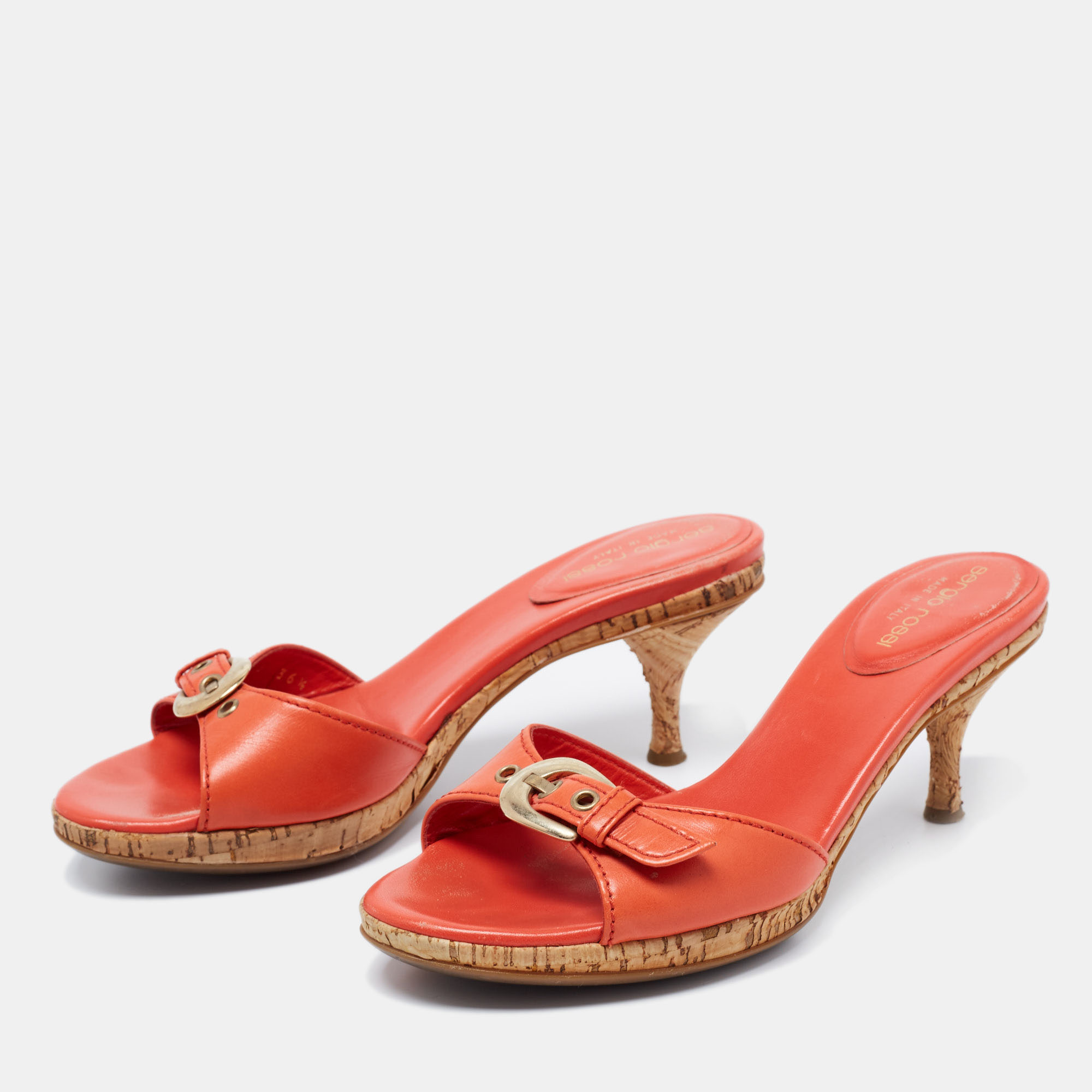 

Sergio Rossi Orange Leather Buckle Detail Cork Heel Slide Sandals Size