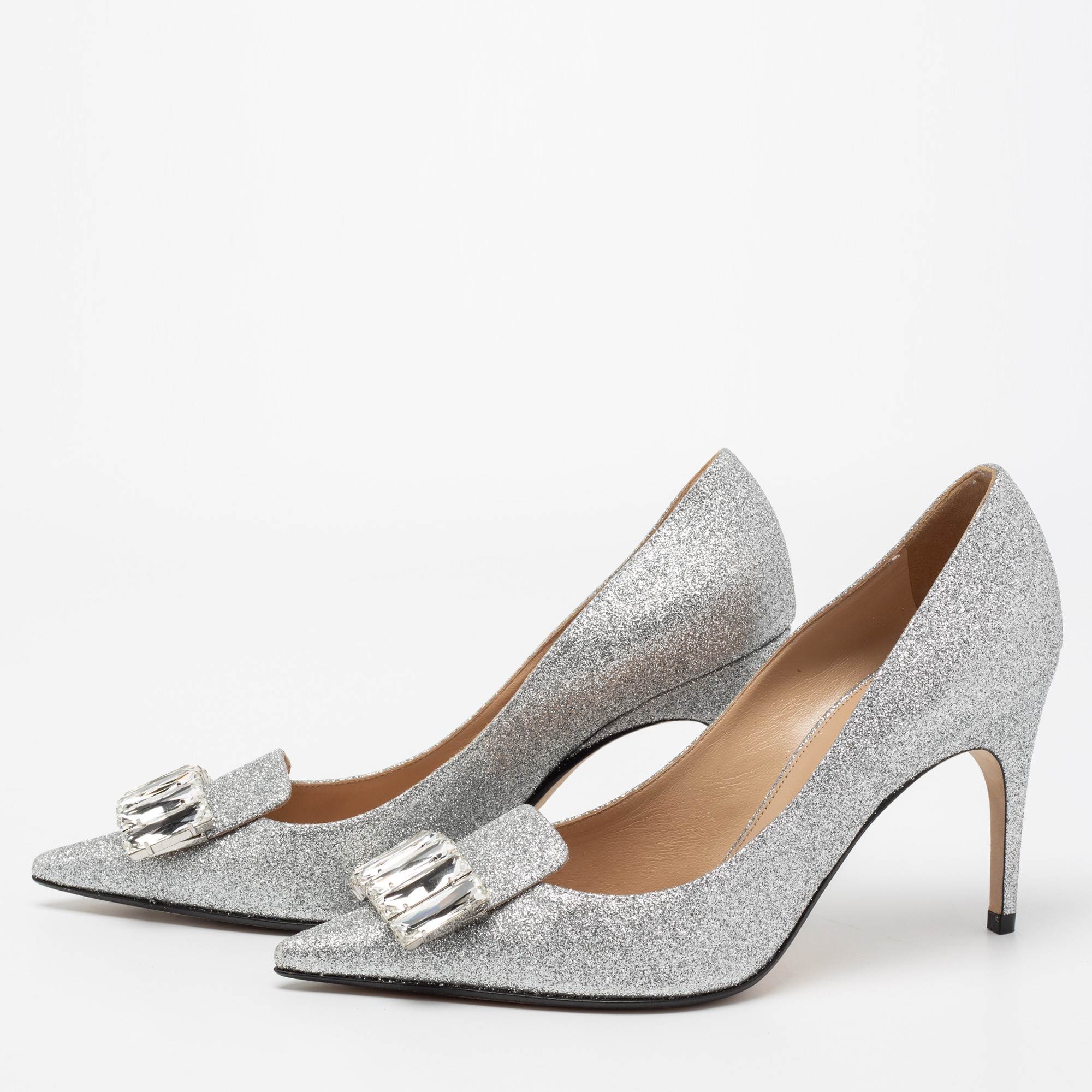 

Sergio Rossi Silver Glitter Crystal Embellished Pumps Size