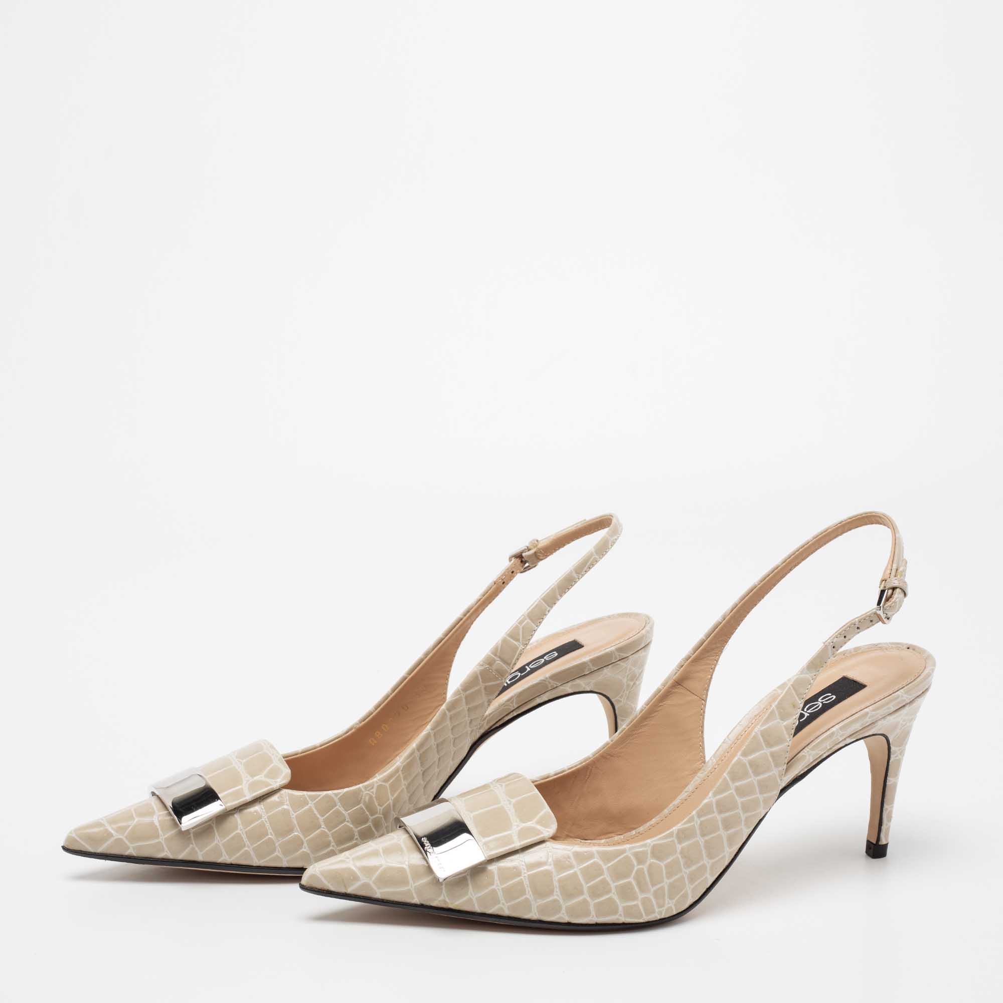 

Sergio Rossi Beige Croc Embossed Leather Slingback Pumps Size