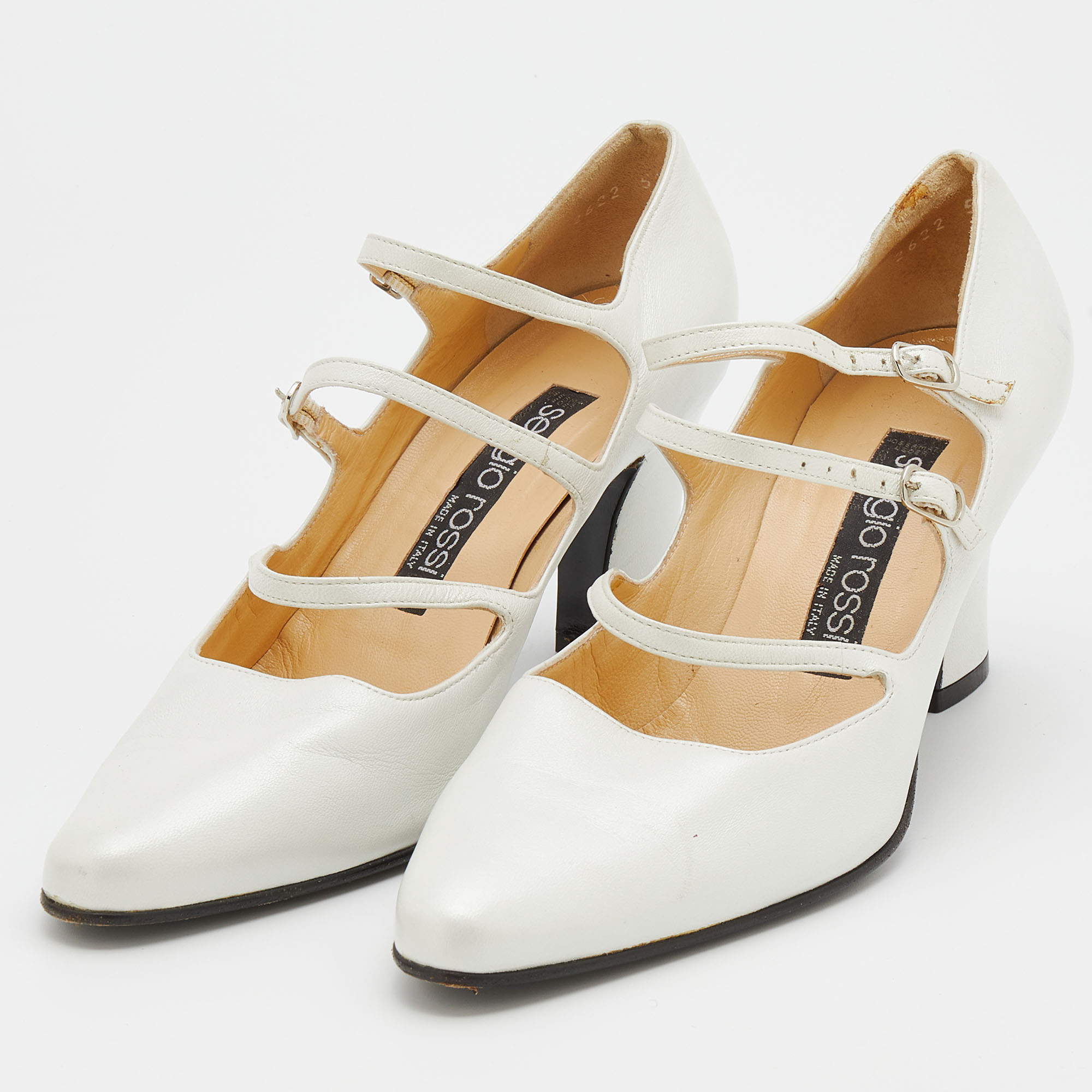 

Sergio Rossi White Leather Betty Mary Jane Block Heel Pumps Size