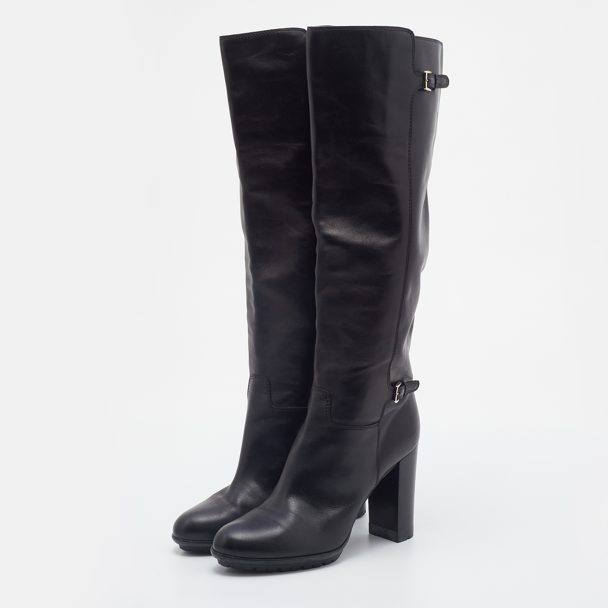 

Sergio Rossi Black Leather Buckle Detail Block Heel Knee Length Boots Size