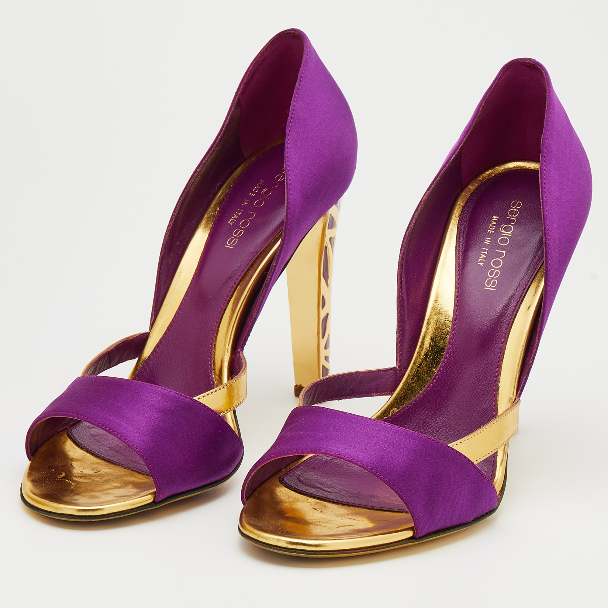

Sergio Rossi Purple/Gold Satin And Leather Open Toe Sandals Size