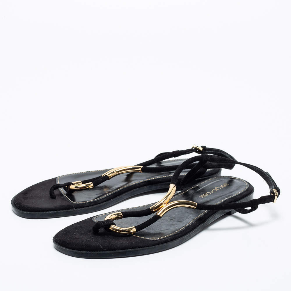 

Sergio Rossi Black/Gold Suede and Metal Flat Thong Sandals Size