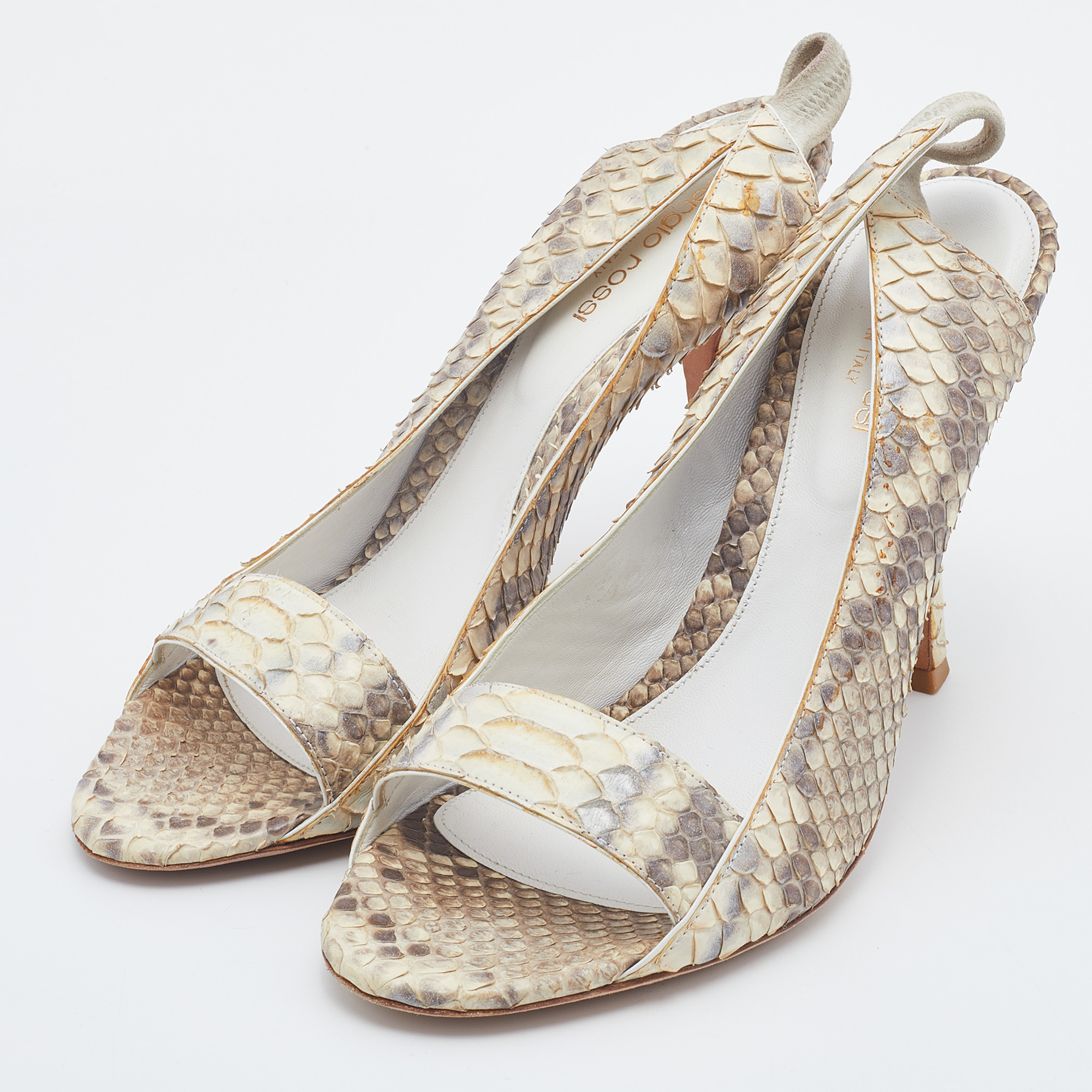 

Sergio Rossi Grey/Off-White Python Leather Open Toe Slingback Sandals Size