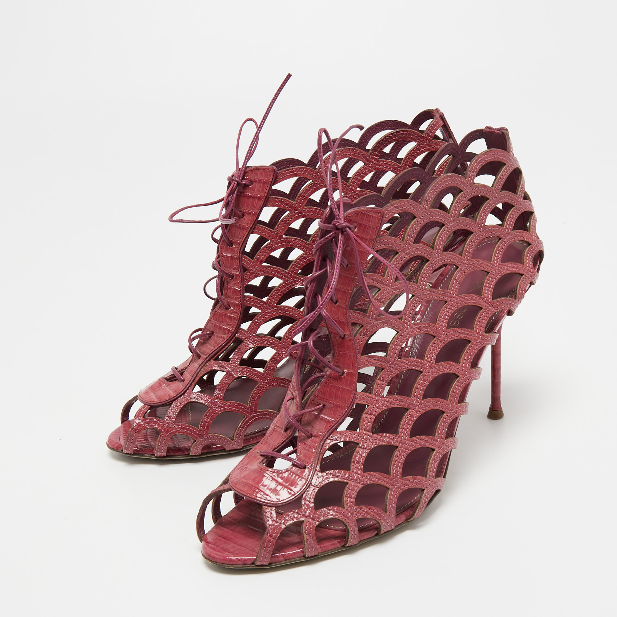 

Sergio Rossi Magenta Lizard Embossed Leather Cut Out Lace Up Ankle Booties Size, Purple