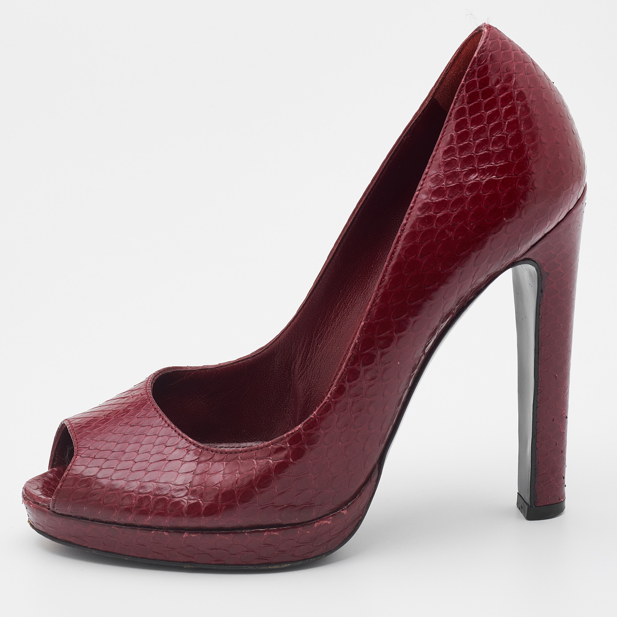 Pre-owned Sergio Rossi Dark Red Python Leather Peep Toe Pumps Size 36