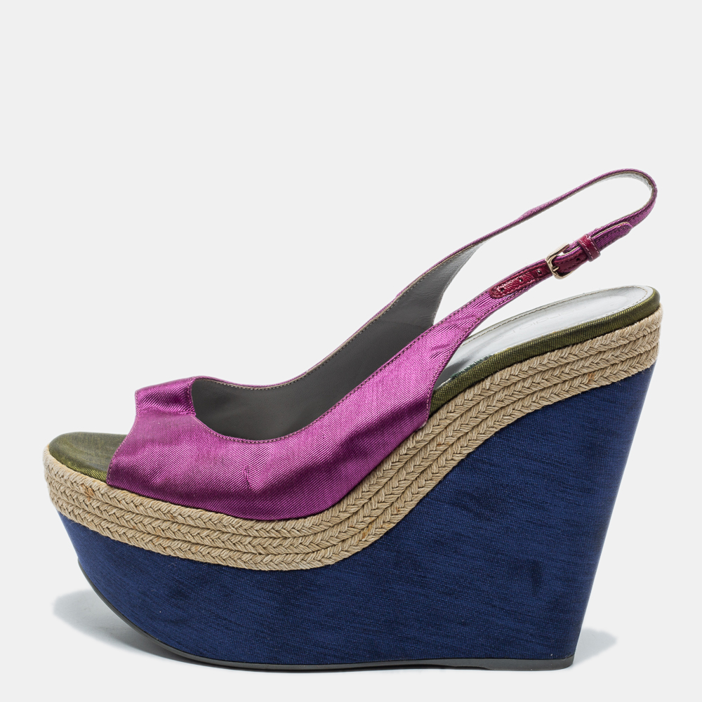 

Sergio Rossi Purple Fabric Open Toe Wedge Platform Slingback Sandals Size