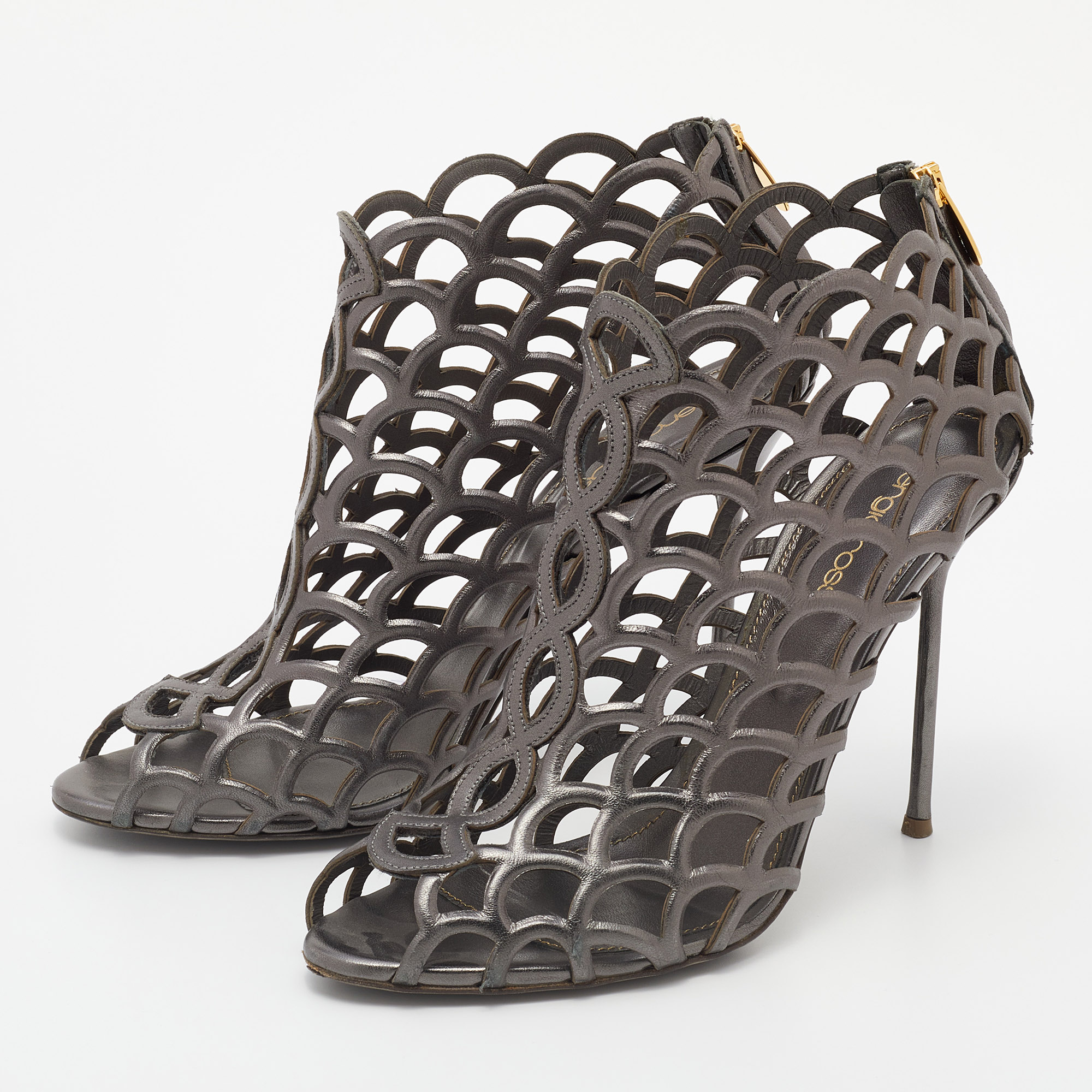 

Sergio Rossi Grey Leather Cut Out Caged Open Toe Ankle Booties Size