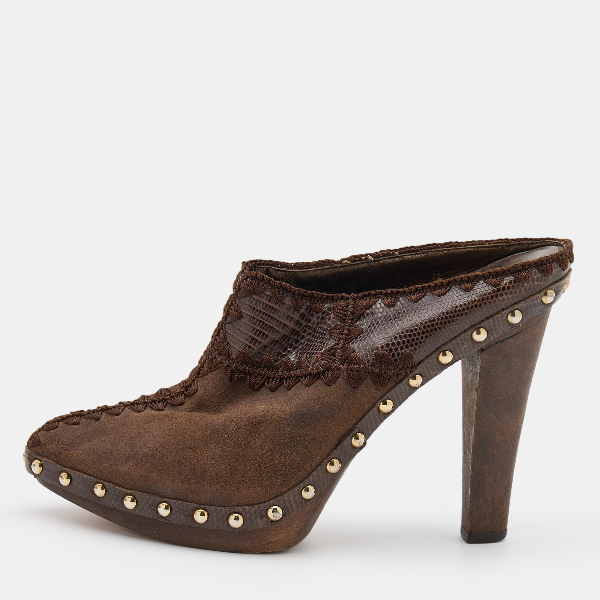 Pre-owned Sergio Rossi Brown Lizard Embossed Leather And Suede Studded Platform Mules Size 37.5
