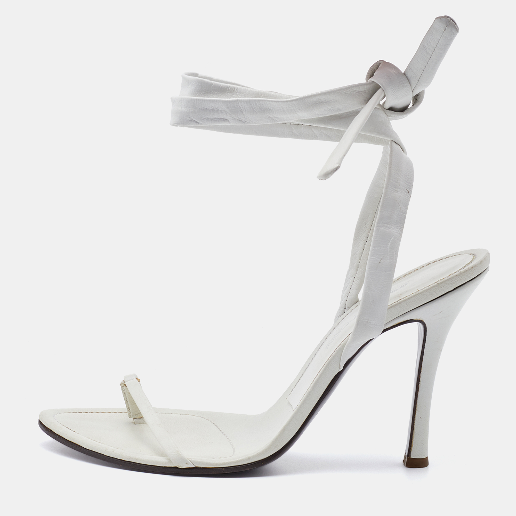 Pre-owned Sergio Rossi White Leather Ankle Wrap Sandals Size 38