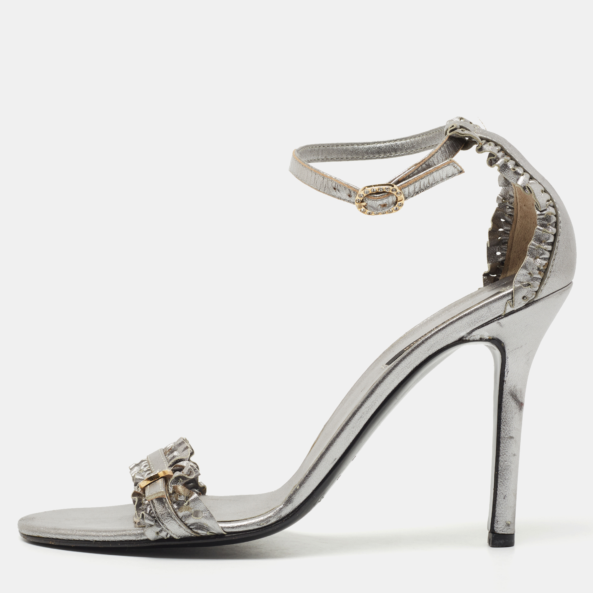 

Sergio Rossi Metallic Grey Ruffle Leather Ankle Strap Sandals Size