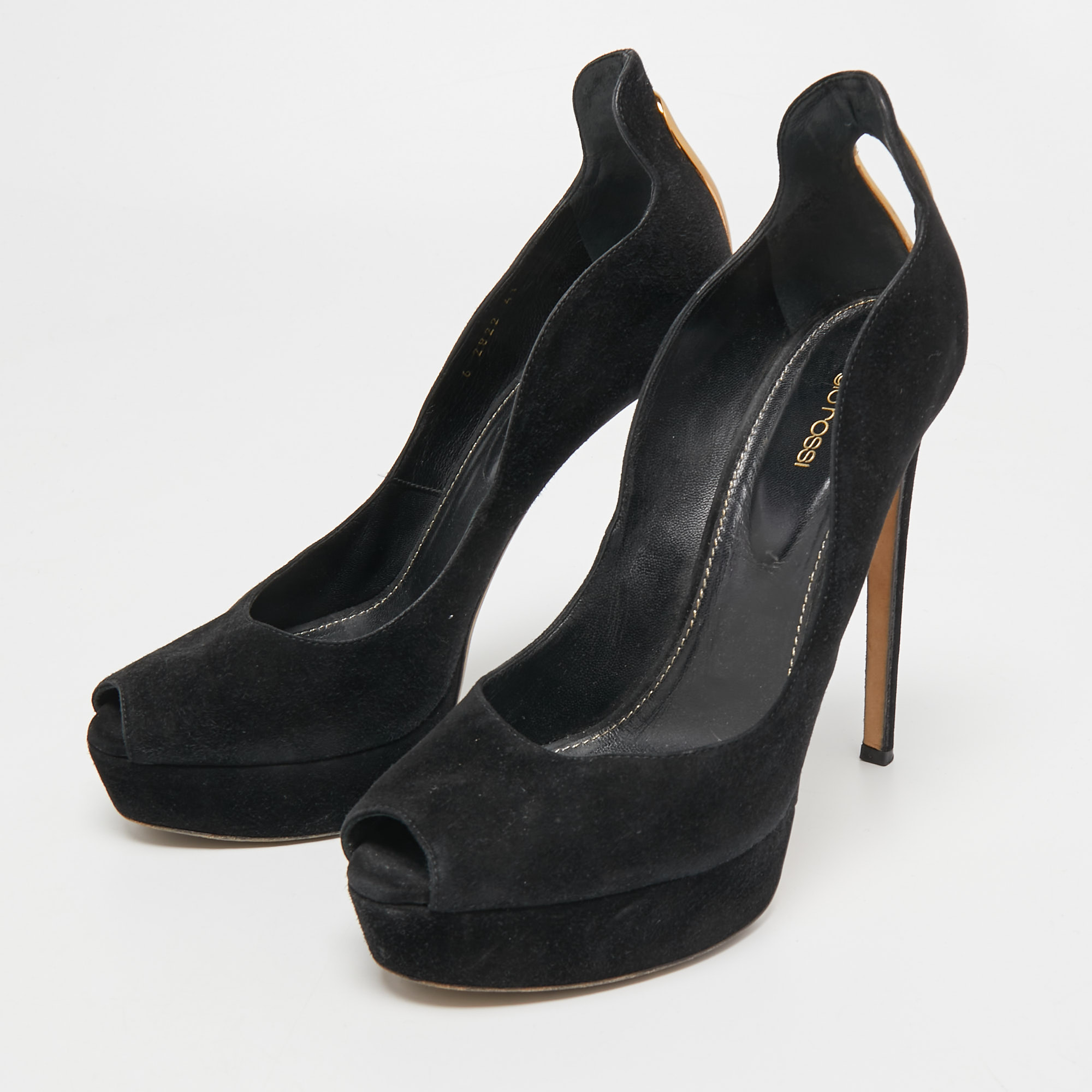 

Sergio Rossi Black Suede Peep Toe Platform Pumps Size