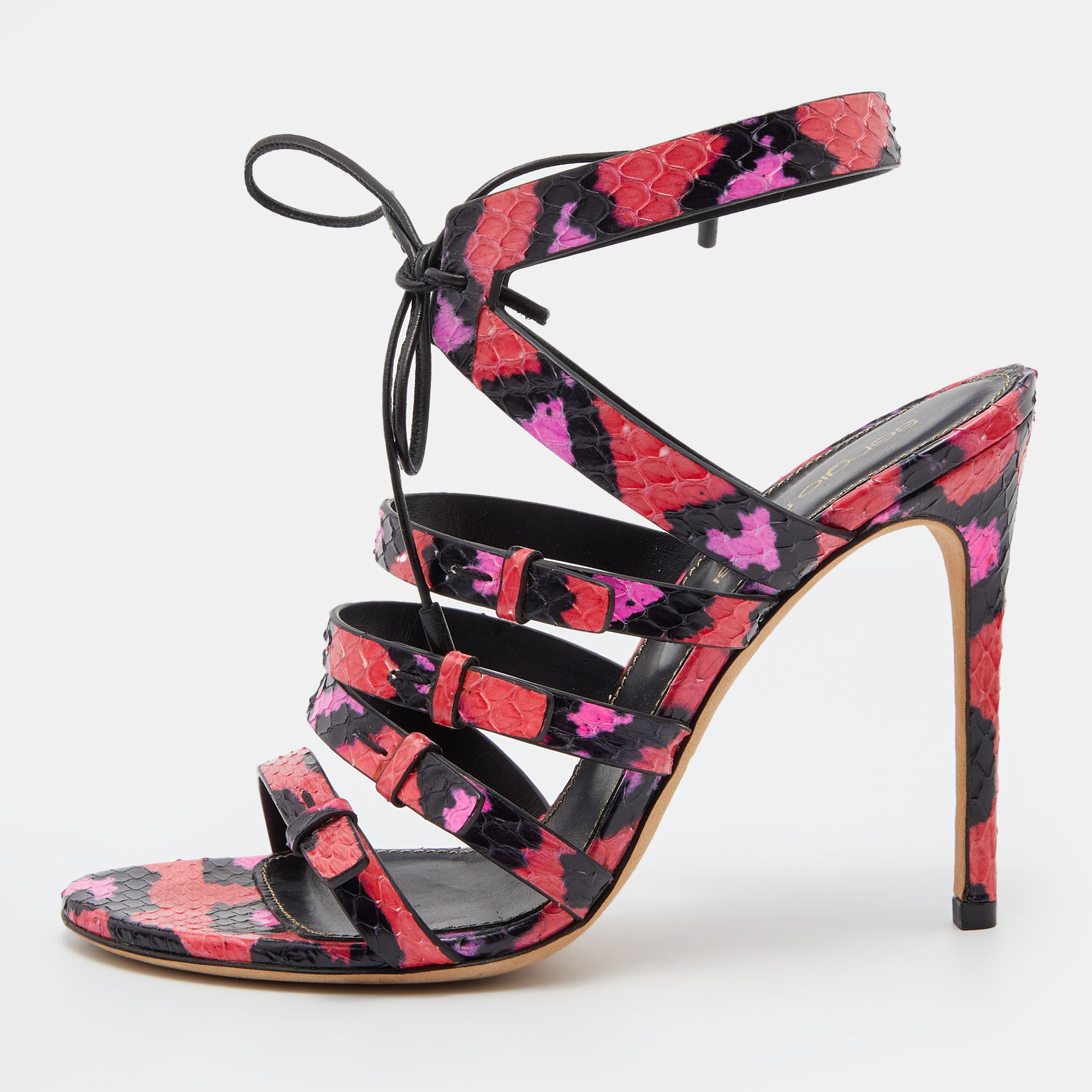 

Sergio Rossi Pink/Black Python Leather Ankle Tie Up Strappy Sandals Size