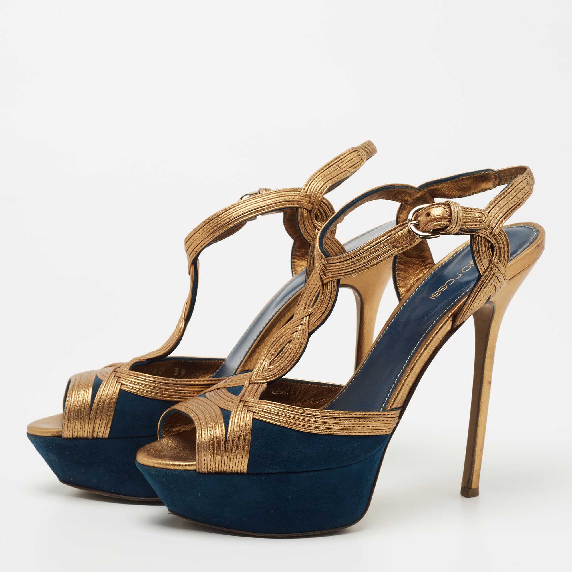 

Sergio Rossi Blue/Gold Leather and Suede Platform Ankle Strap Sandals Size