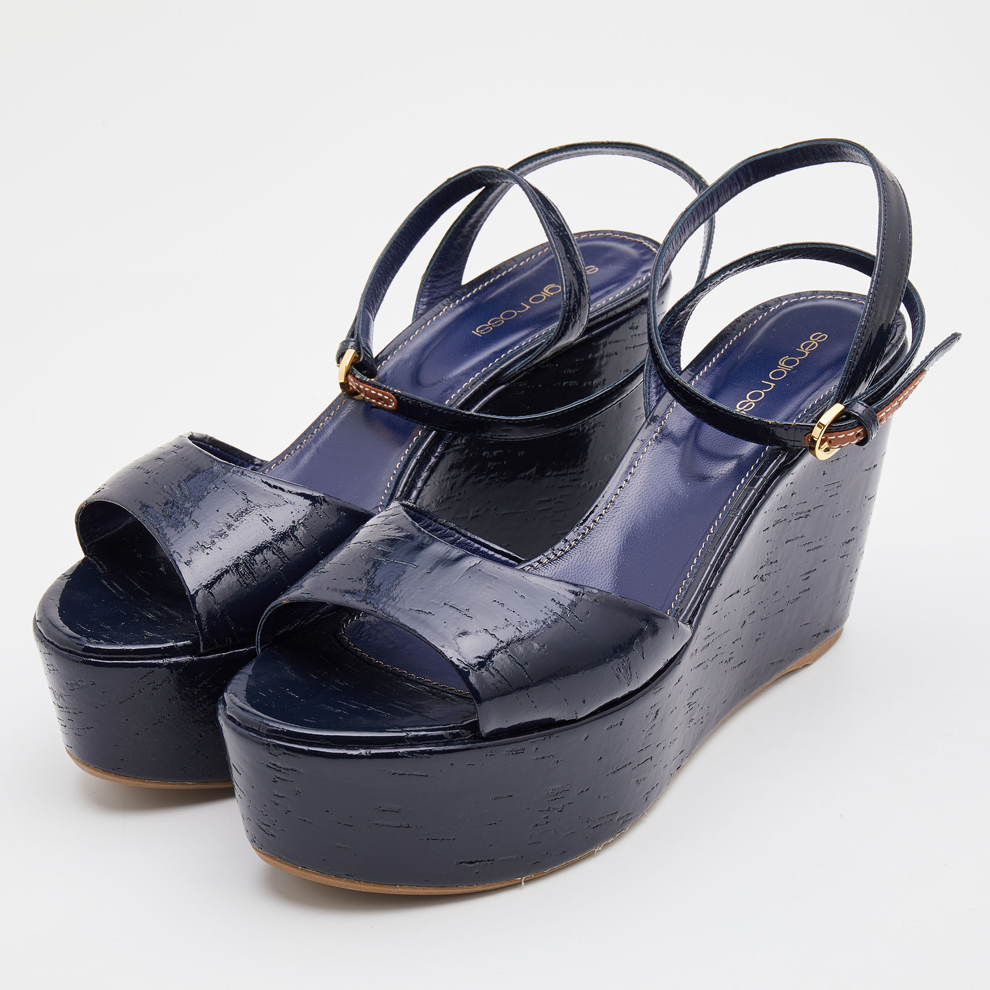 

Sergio Rossi Navy Blue Patent Leather Platform Wedge Ankle Strap Sandals Size