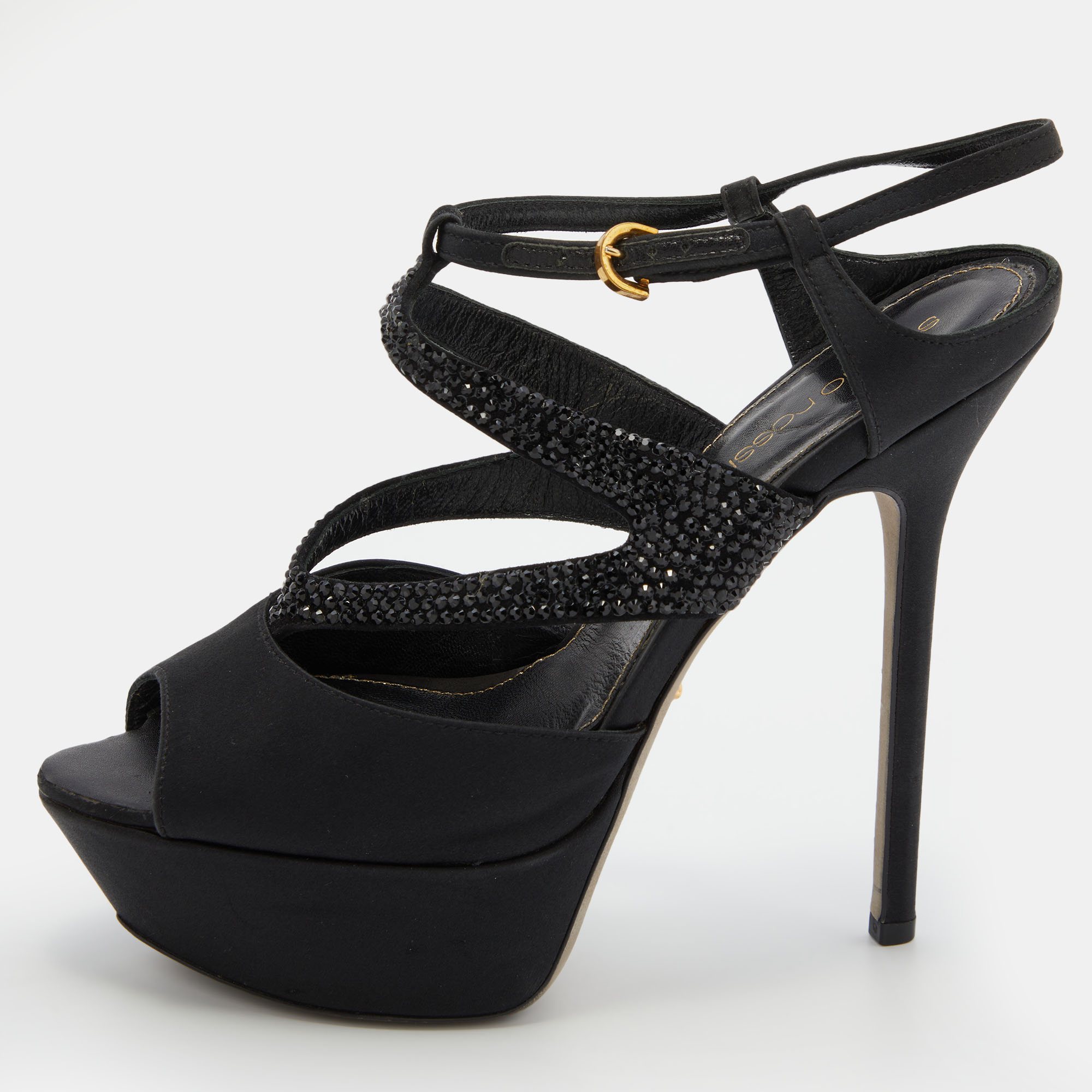 Pre-owned Sergio Rossi Black Satin And Leather Crystal Embellished Platform Sandals Size 36.5