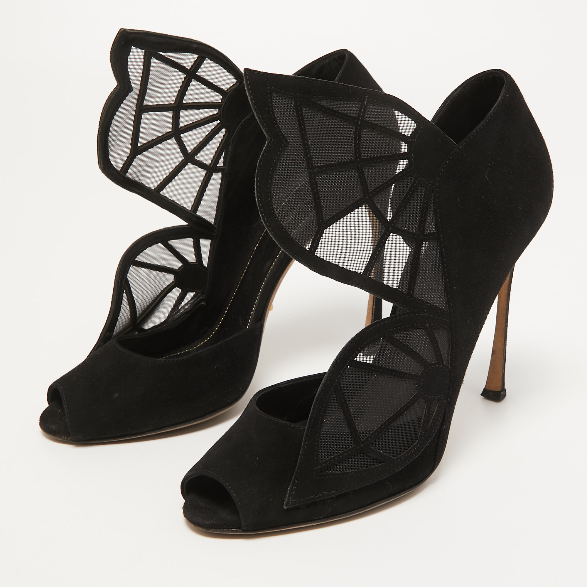 

Sergio Rossi Black Suede and Mesh Butterfly Peep Toe Pumps Size