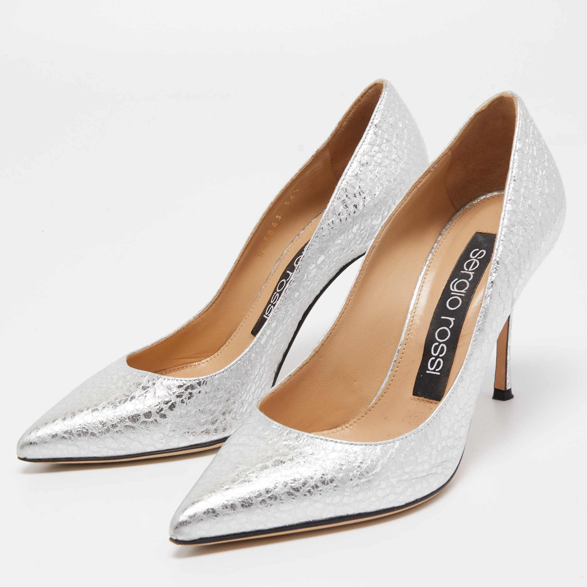 

Sergio Rossi Silver Texture Leather Pointed Toe Pumps Size