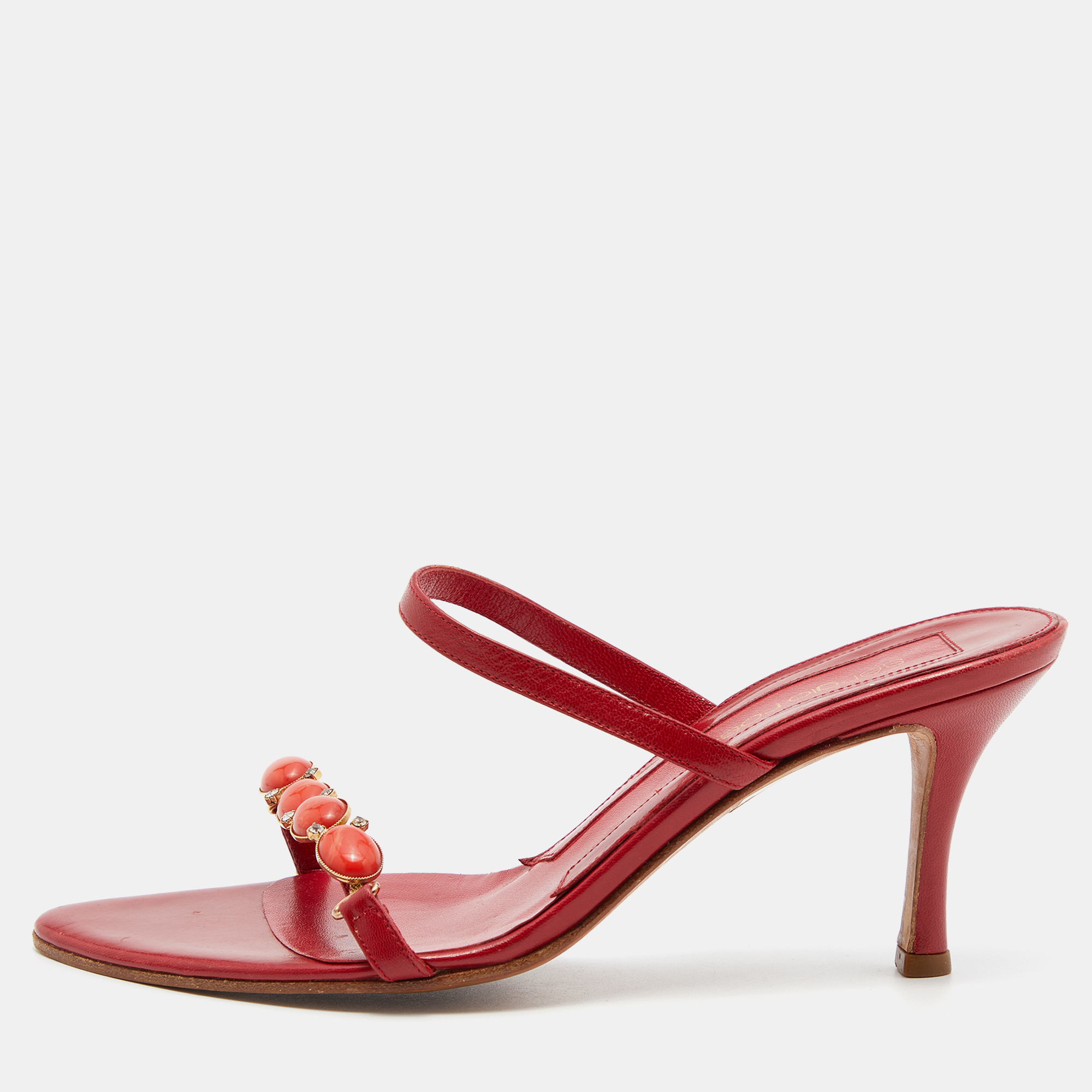 

Sergio Rossi Red Leather Crystal Embellished Slide Sandals Size