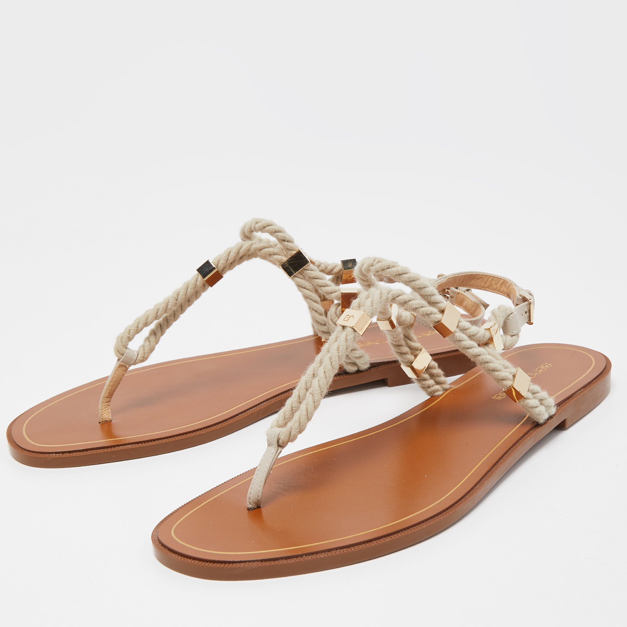 

Sergio Rossi Beige Leather and Raffia Ankle Strap Flat Sandals Size