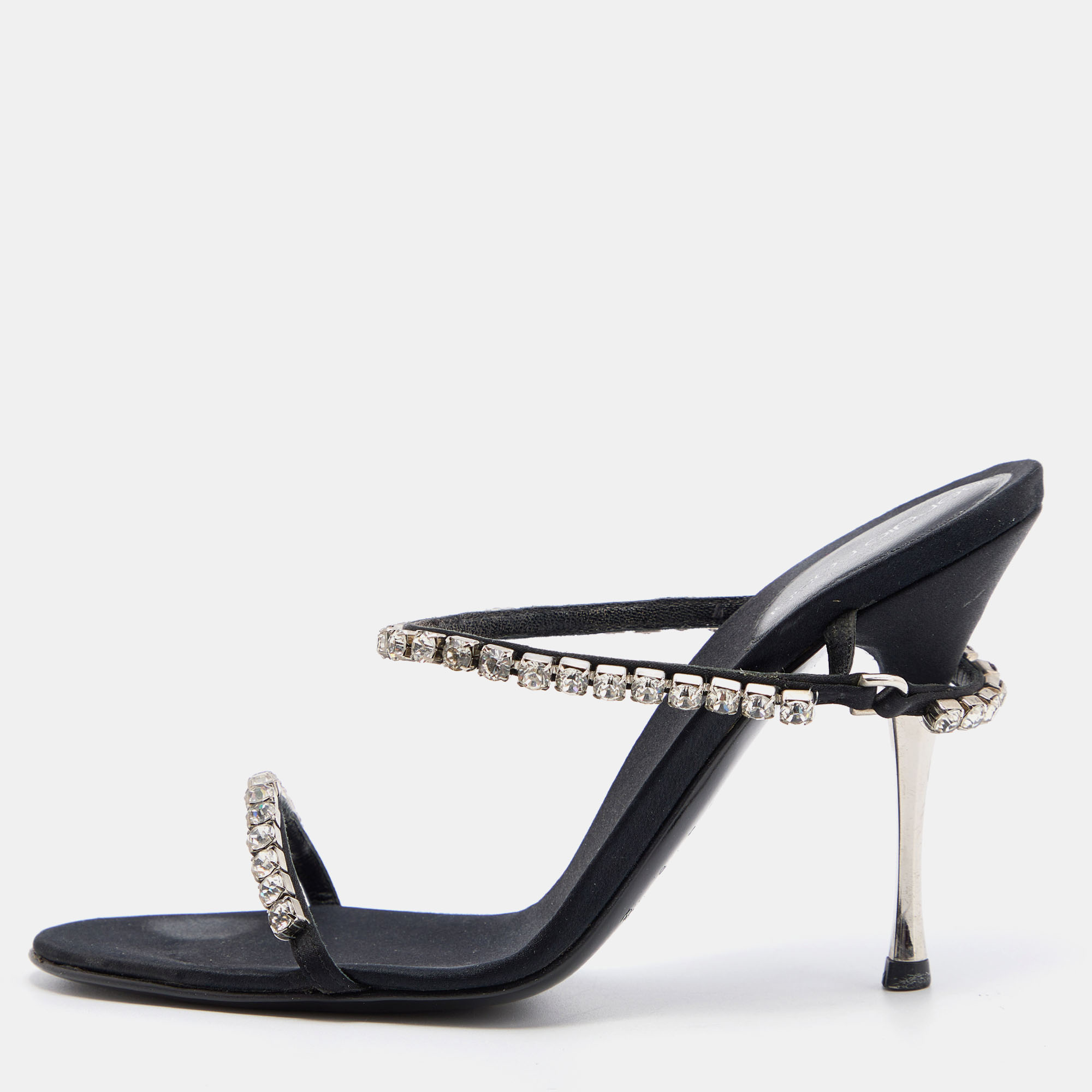 Pre-owned Sergio Rossi Black Satin Crystal Embellished Slide Sandals Size 36.5