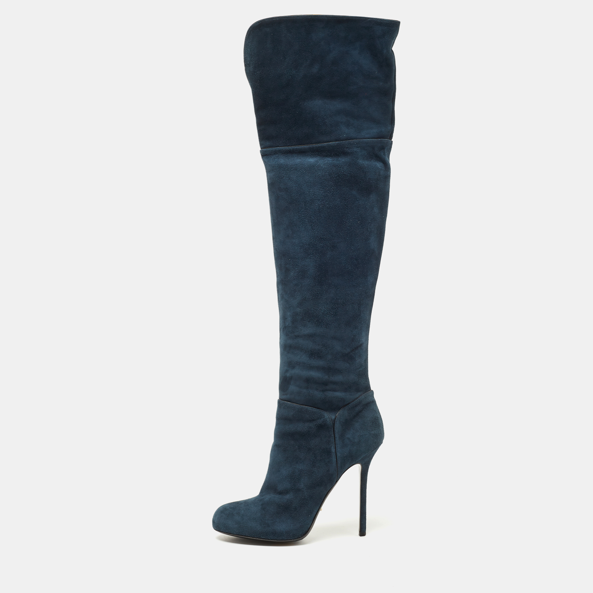 Pre-owned Sergio Rossi Blue Suede Knee Length Boots Size 40.5