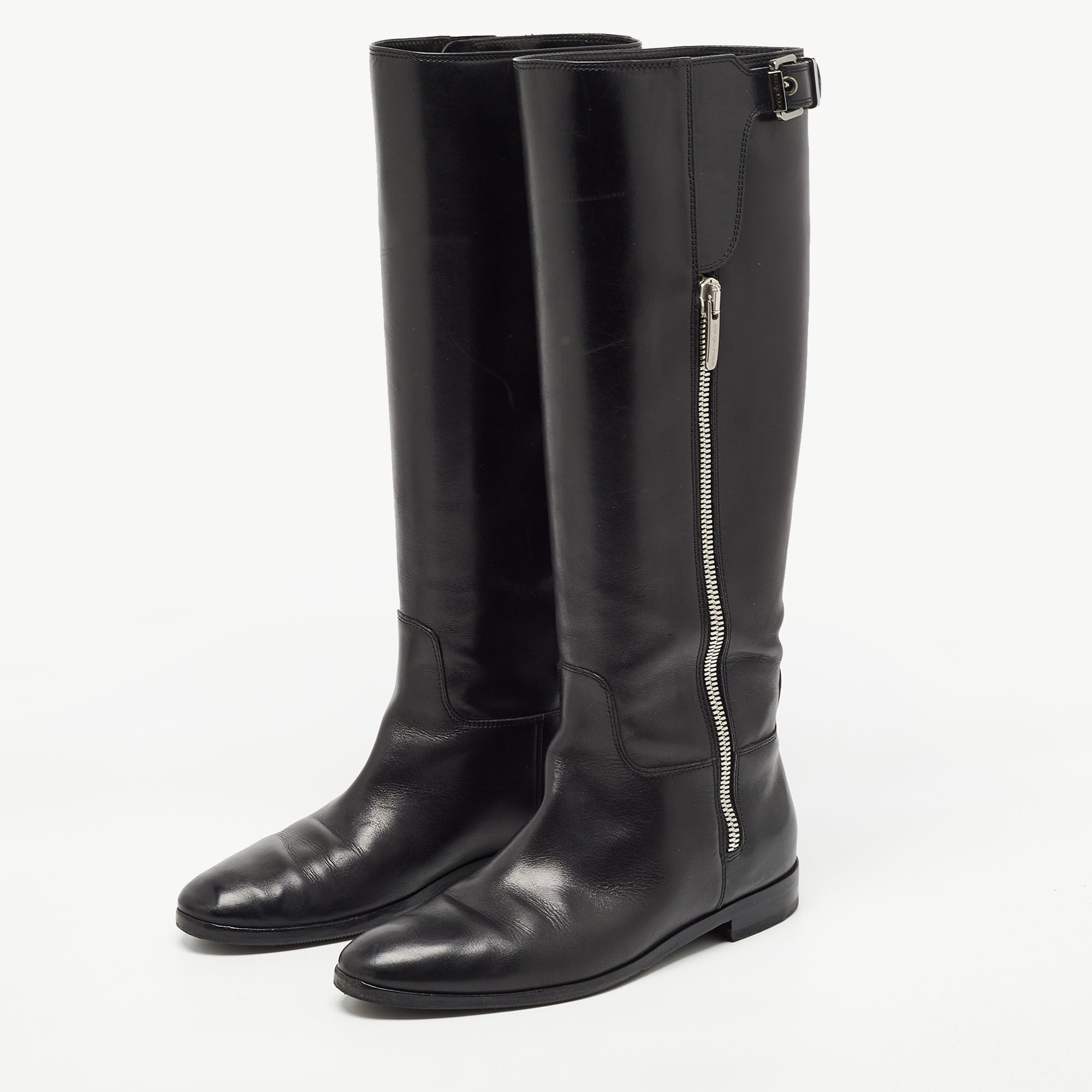 

Sergio Rossi Black Leather Buckle Detail Knee Length Boots Size