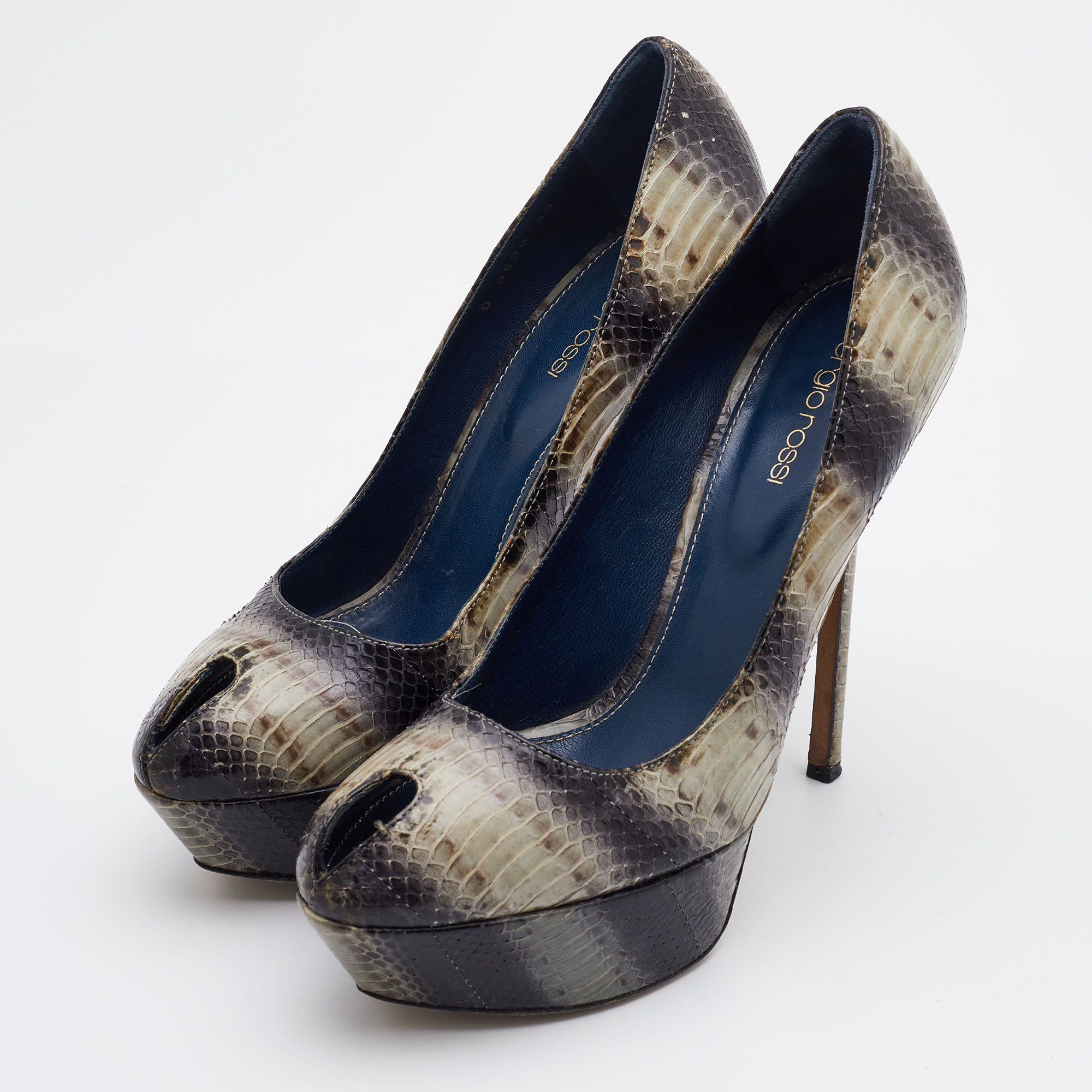 

Sergio Rossi Multicolor Watersnake Leather Peep Toe Pumps Size