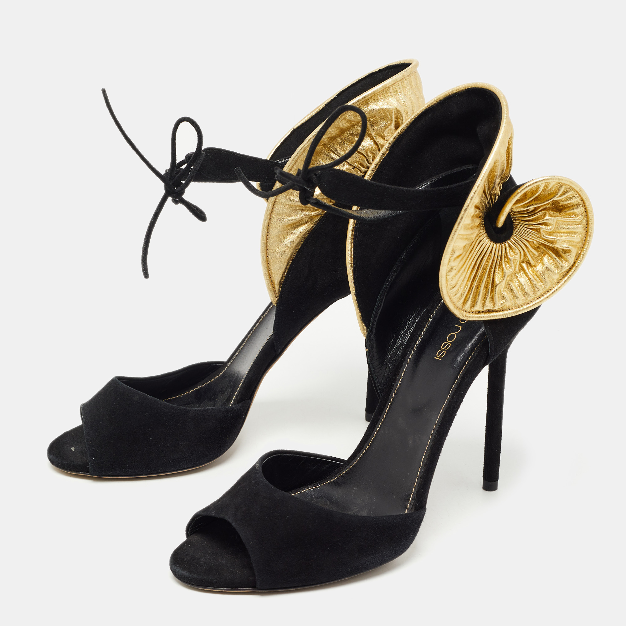 

Sergio Rossi Black/Gold Leather And Suede Swirl Open Toe Sandal Size