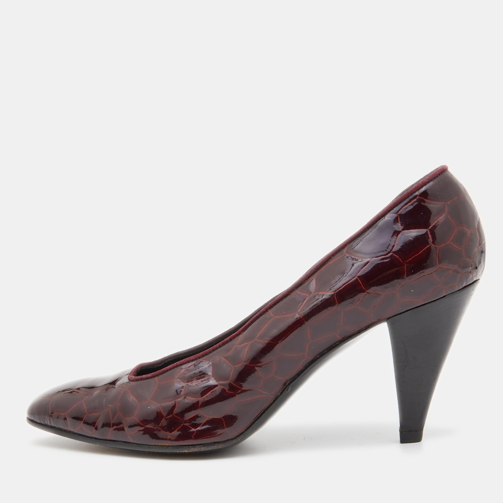 Pre-owned Sergio Rossi Burgundy Croc Embossed Patent Leather Pumps Size 36.5