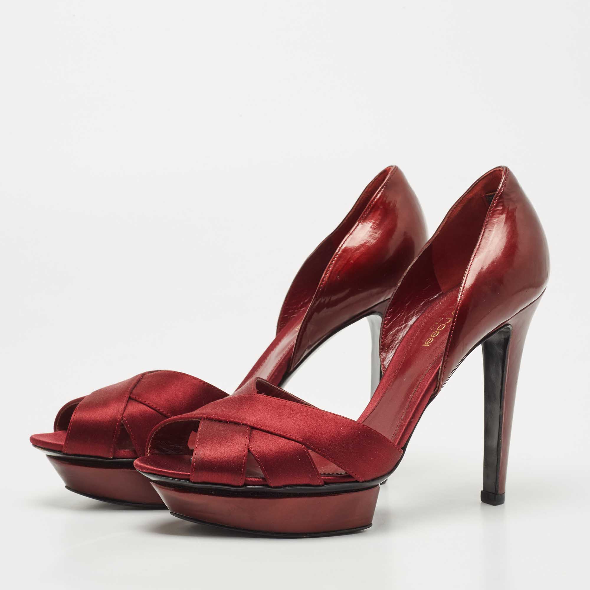 

Sergio Rossi Burgundy Satin and Leather Peep Toe Platform D'orsay Pumps Size