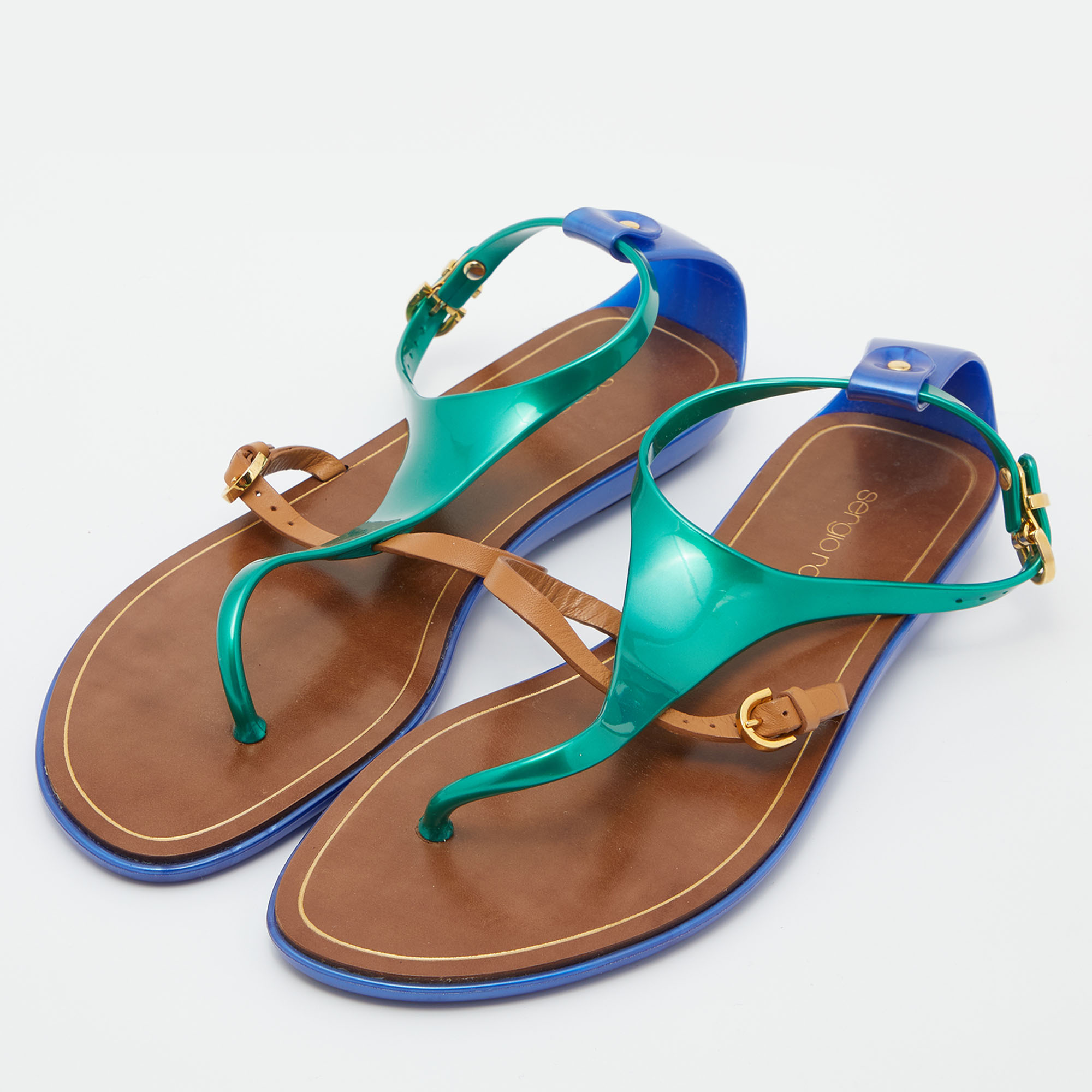 

Sergio Rossi Tricolor Leather and Rubber T-Strap Flat Sandals Size, Green