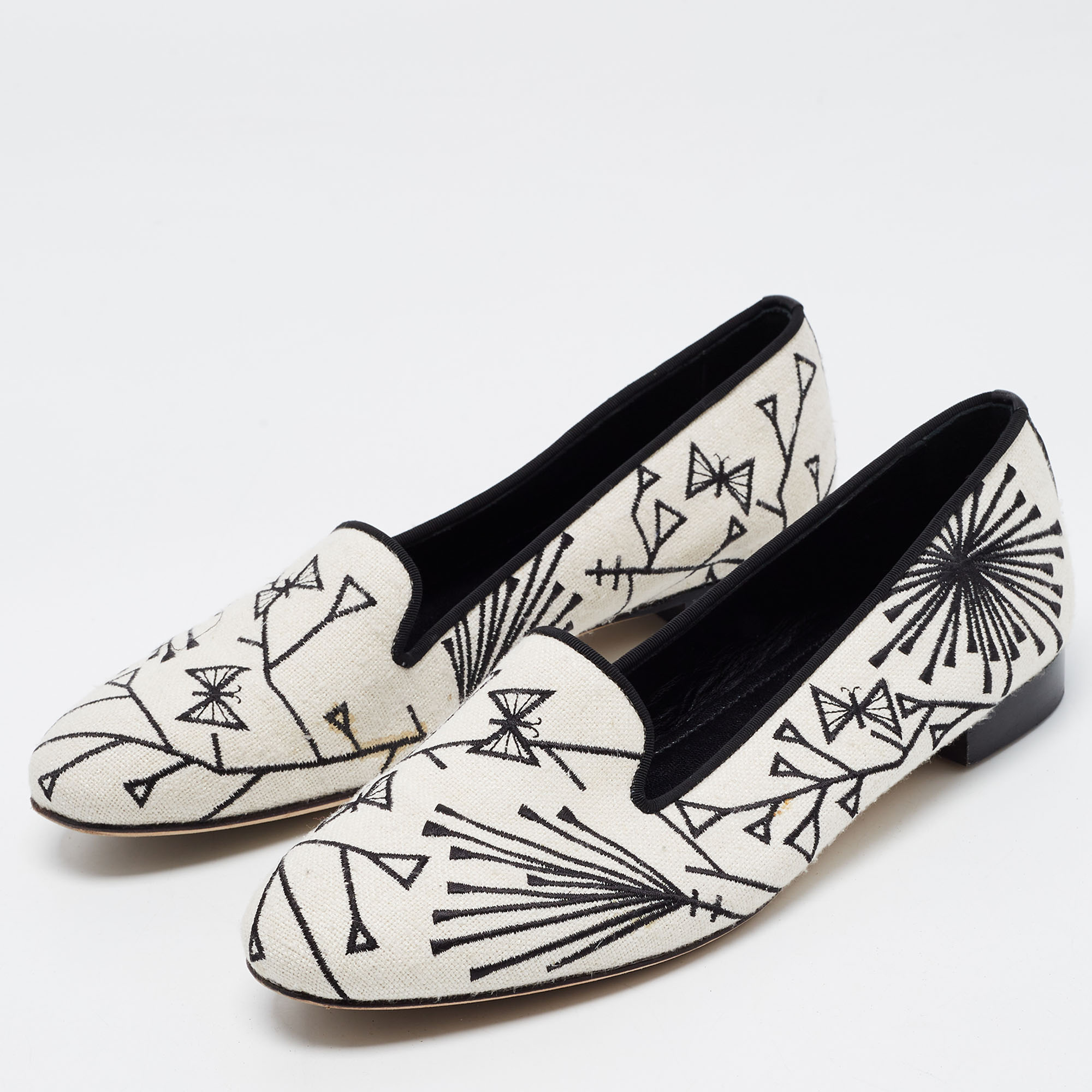 

Sergio Rossi White/Black Canvas Embroidered Smoking Slippers Size