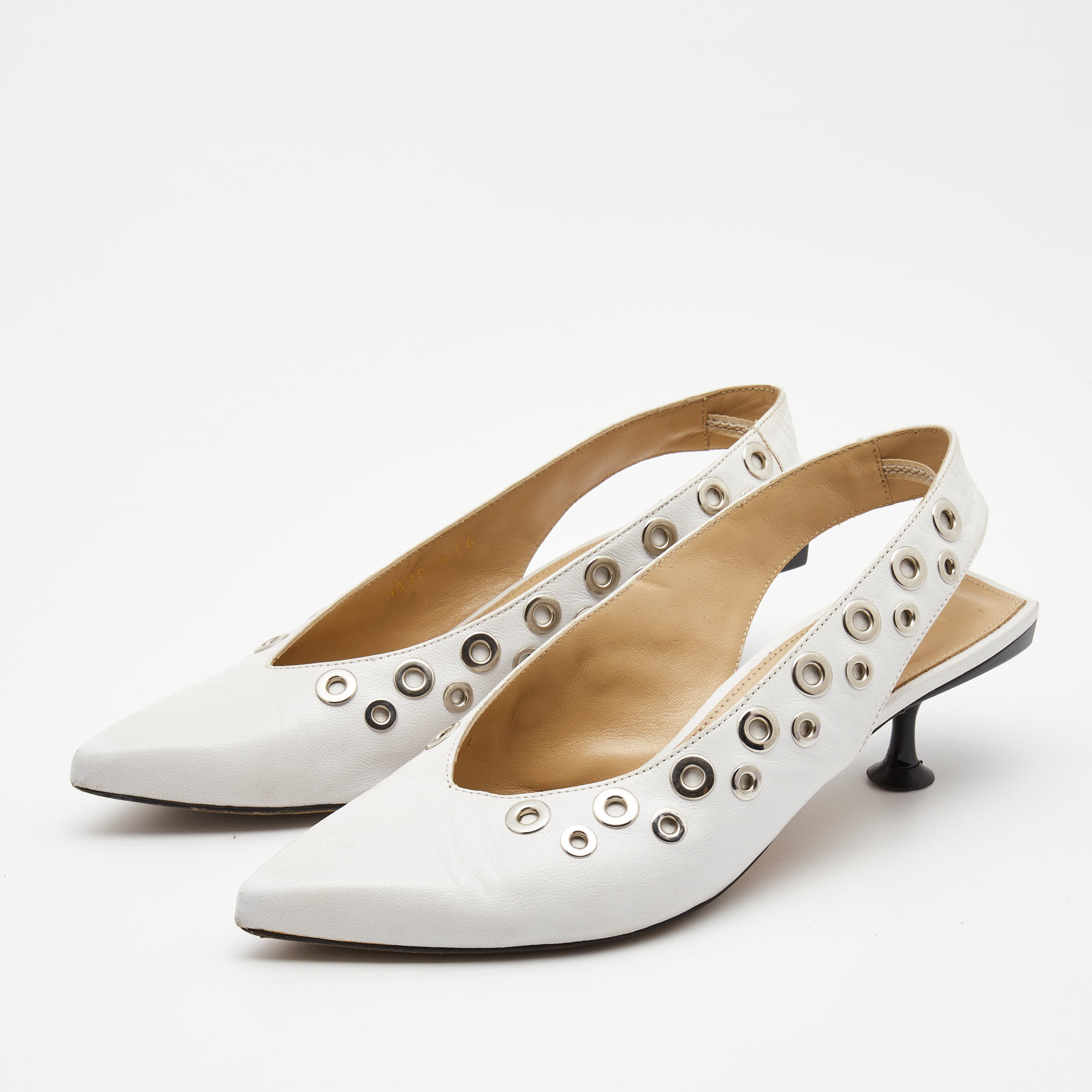 

Sergio Rossi White Leather Eyelet Embellished Slingback Pumps Size