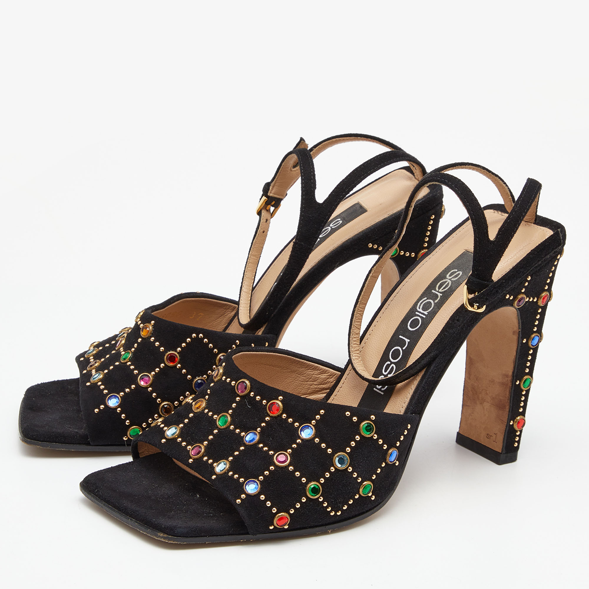 

Sergio Rossi Black Suede Crystal Embellished Ankle Strap Sandals Size
