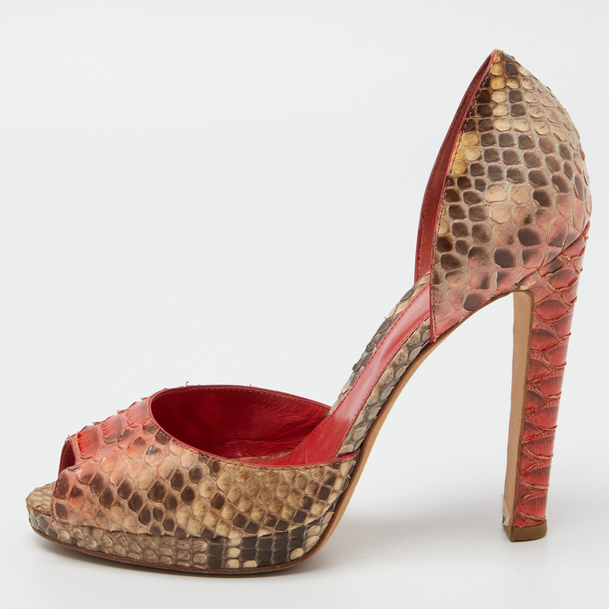 Pre-owned Sergio Rossi Tricolor Python Peep Toe Platform D'orsay Pumps Size 38.5 In Brown