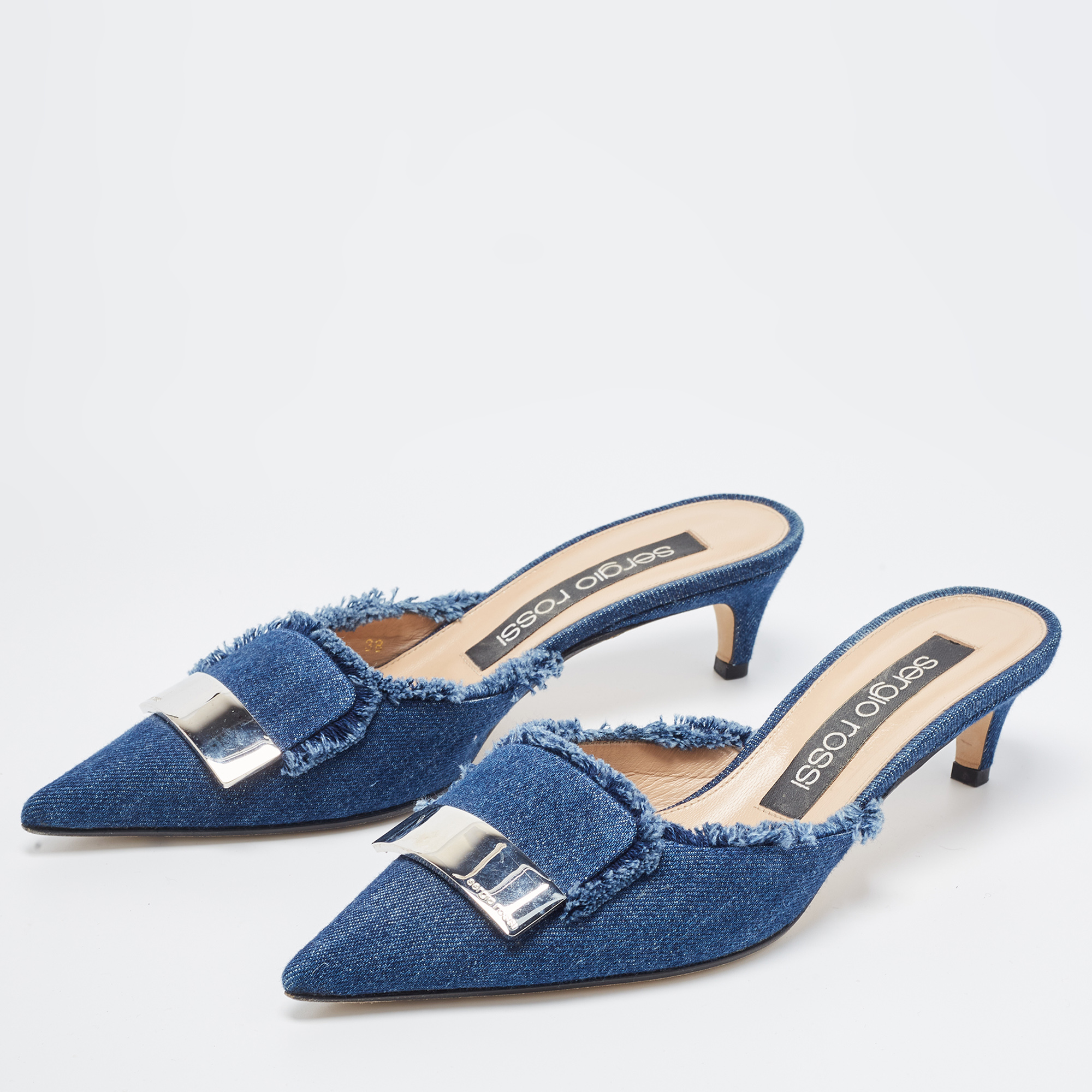 

Sergio Rossi Blue Frayed Denim Pointed Toe Mules Size, Navy blue