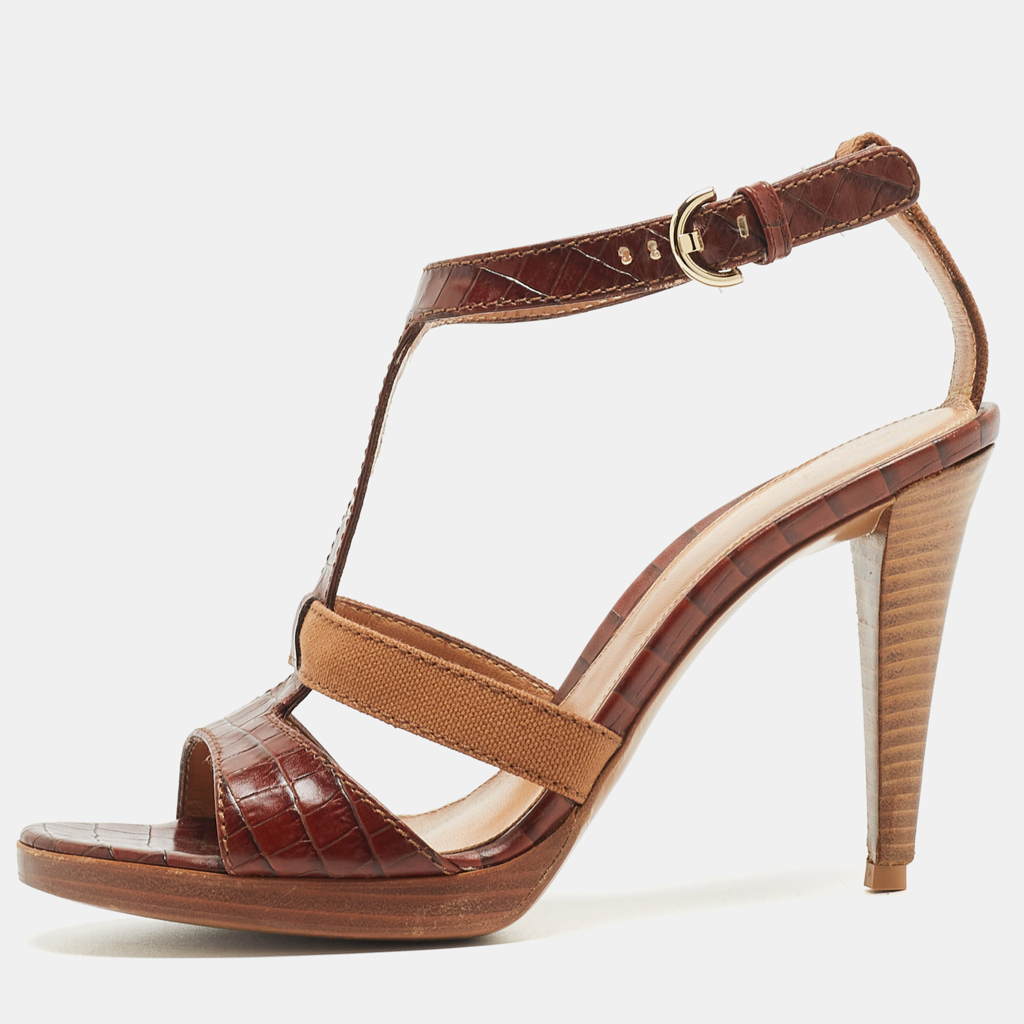 

Sergio Rossi Brown Croc Embossed Leather T-Bar Ankle Strap Sandals Size