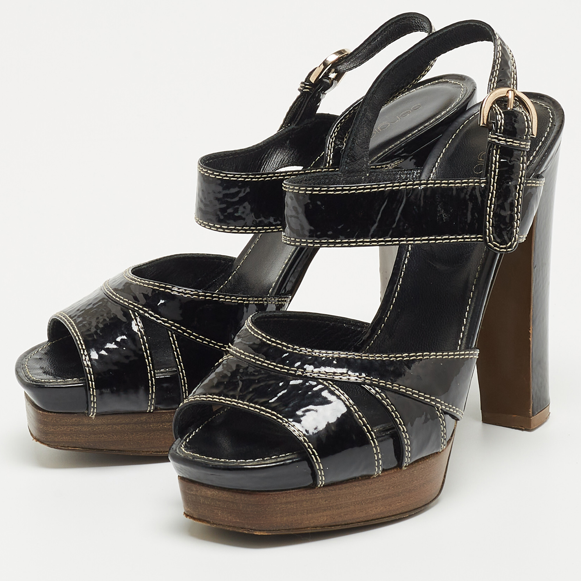 

Sergio Rossi Black Patent Platform Ankle Strap Sandals Size