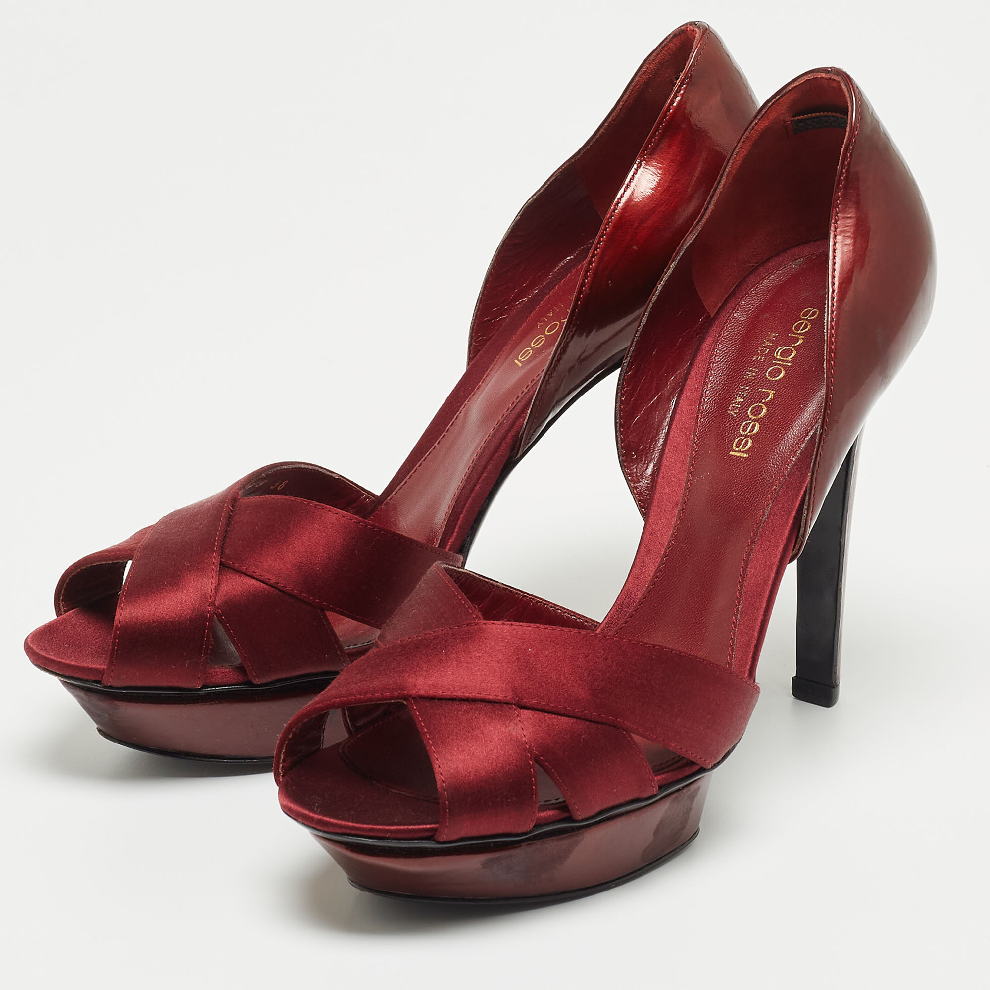 

Sergio Rossi Burgundy Satin and Patent Leather Open Toe Platform D'orsay Pumps Size