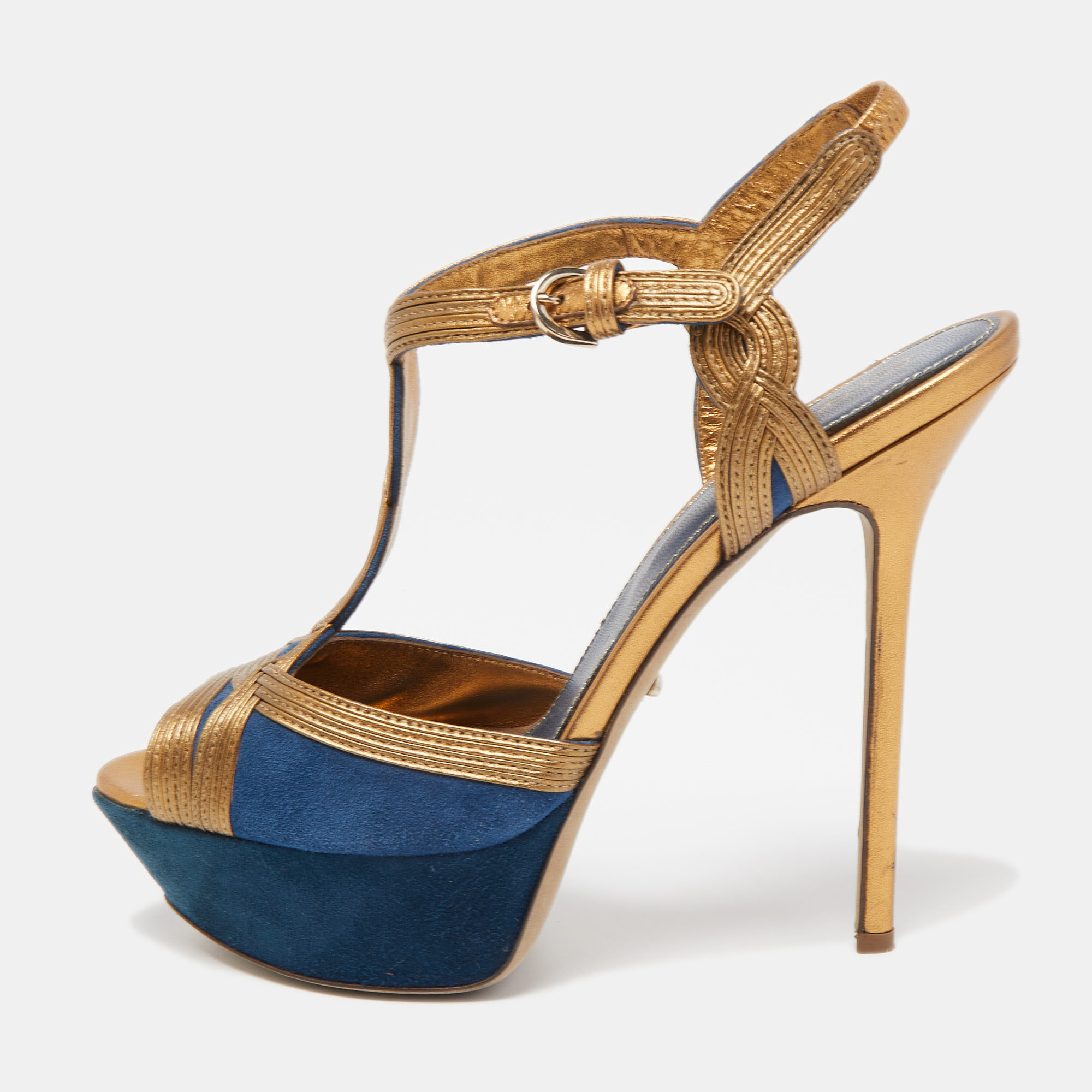 Pre-owned Sergio Rossi Navy Blue/copper Suede And Leather T-bar Platform Ankle Strap Sandals Size 39