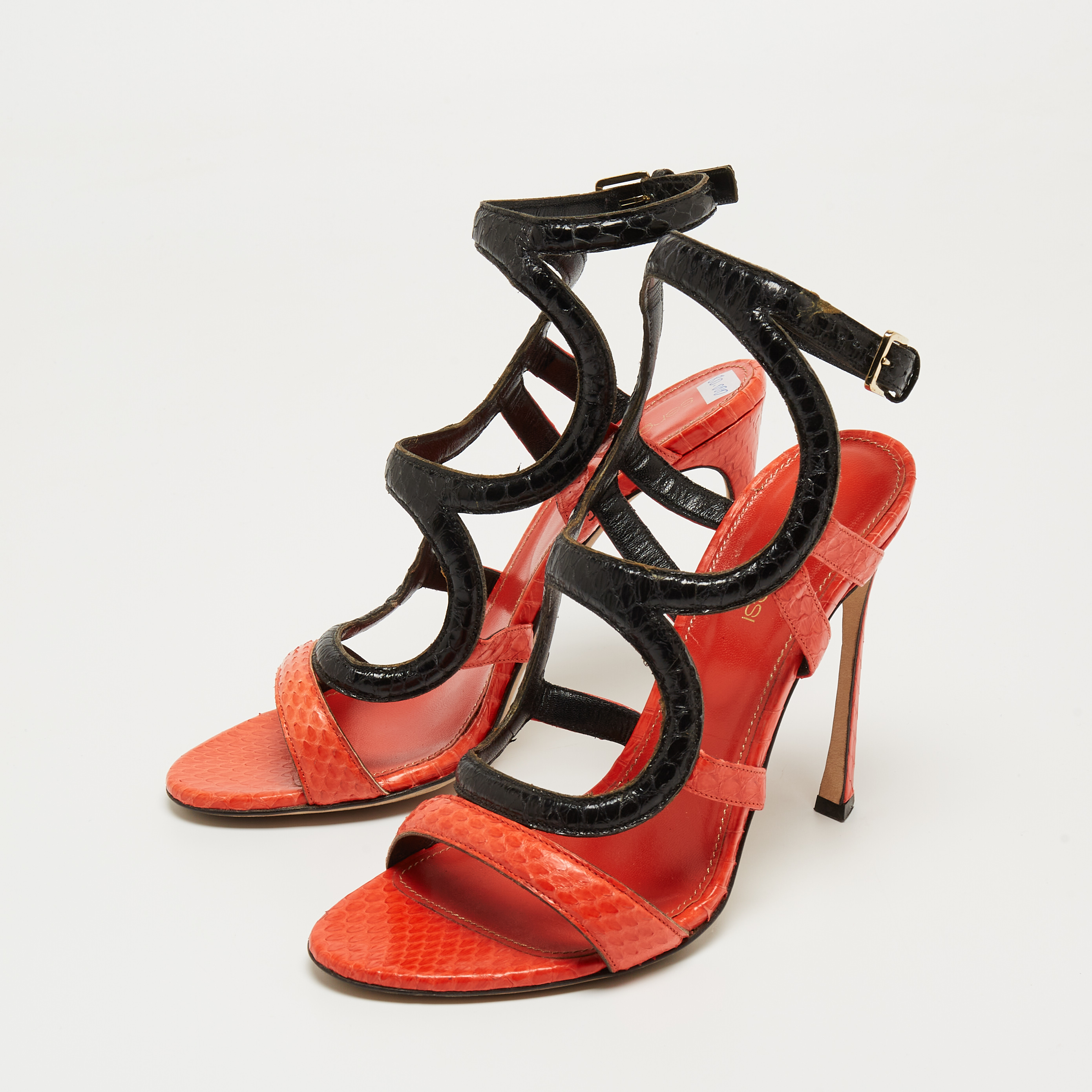 

Sergio Rossi Black/Orange Python Leather Flat Ankle Strap Sandals Size