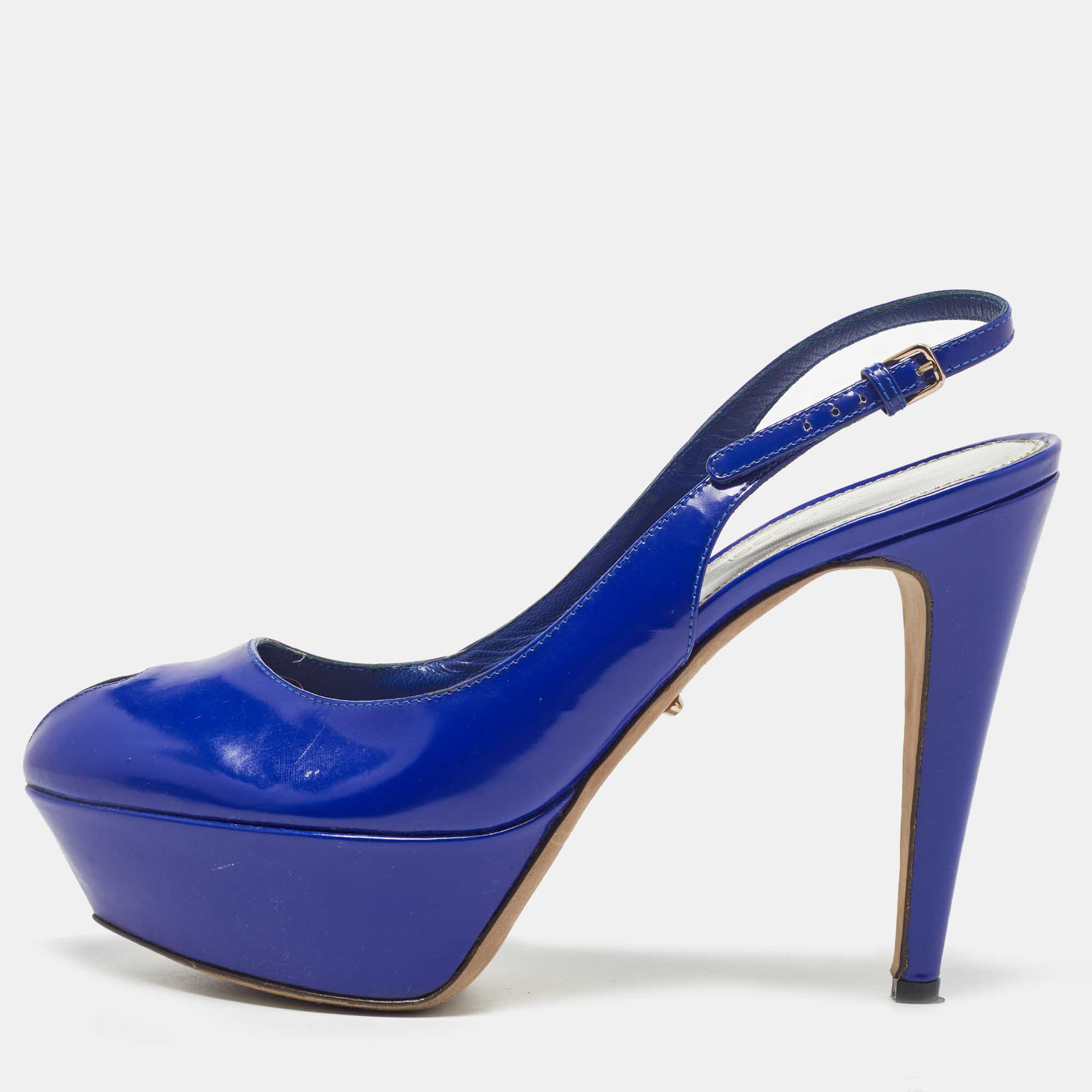 Pre-owned Sergio Rossi Blue Patent Leather Cachet Slingback Pumps Size 37