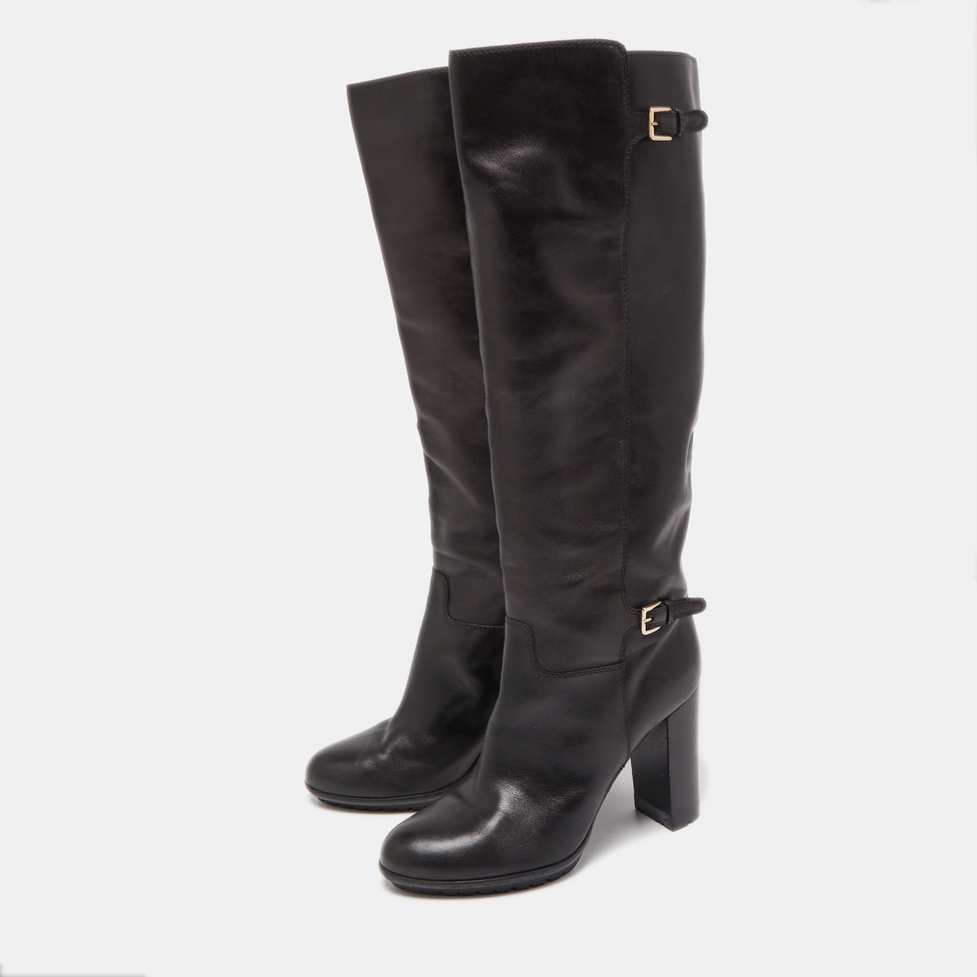 

Sergio Rossi Black Leather Buckle Detail Knee Length Boots Size