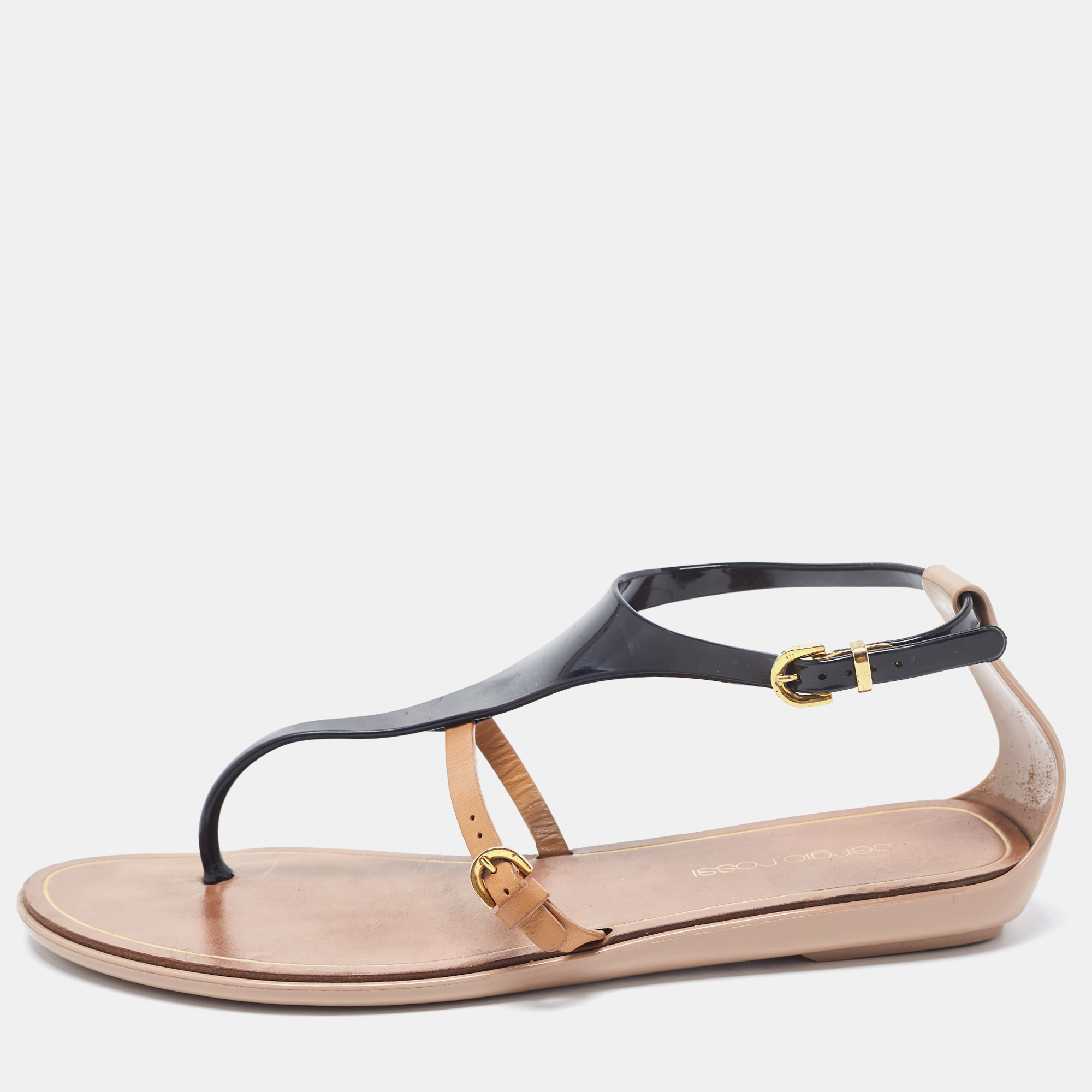 

Sergio Rossi Two Tone Jelly and Leather Thong Flats Size, Black