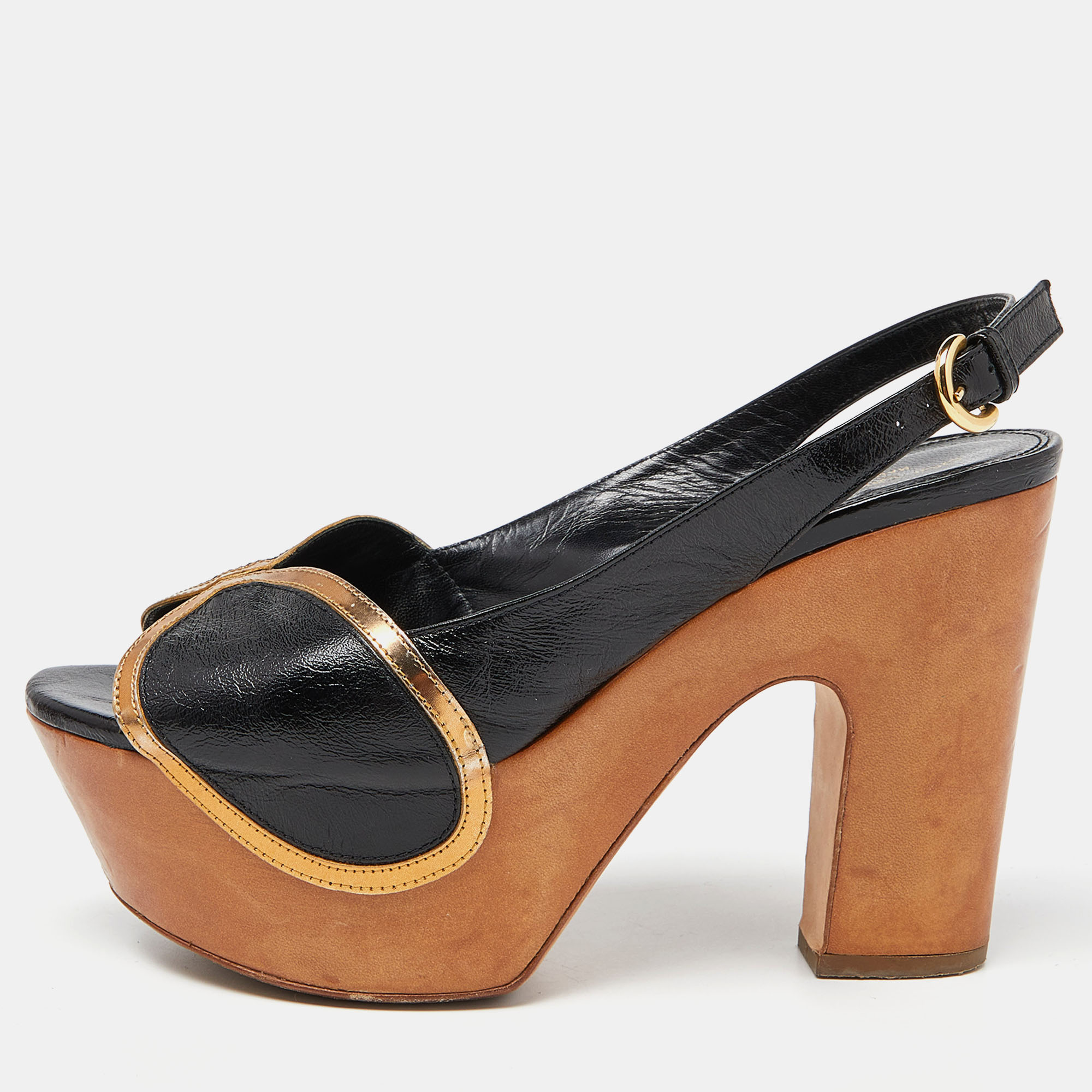 Pre-owned Sergio Rossi Black/metallic Brown Leather Wooden Platform Open Toe Slingback Pumps Size 37.5