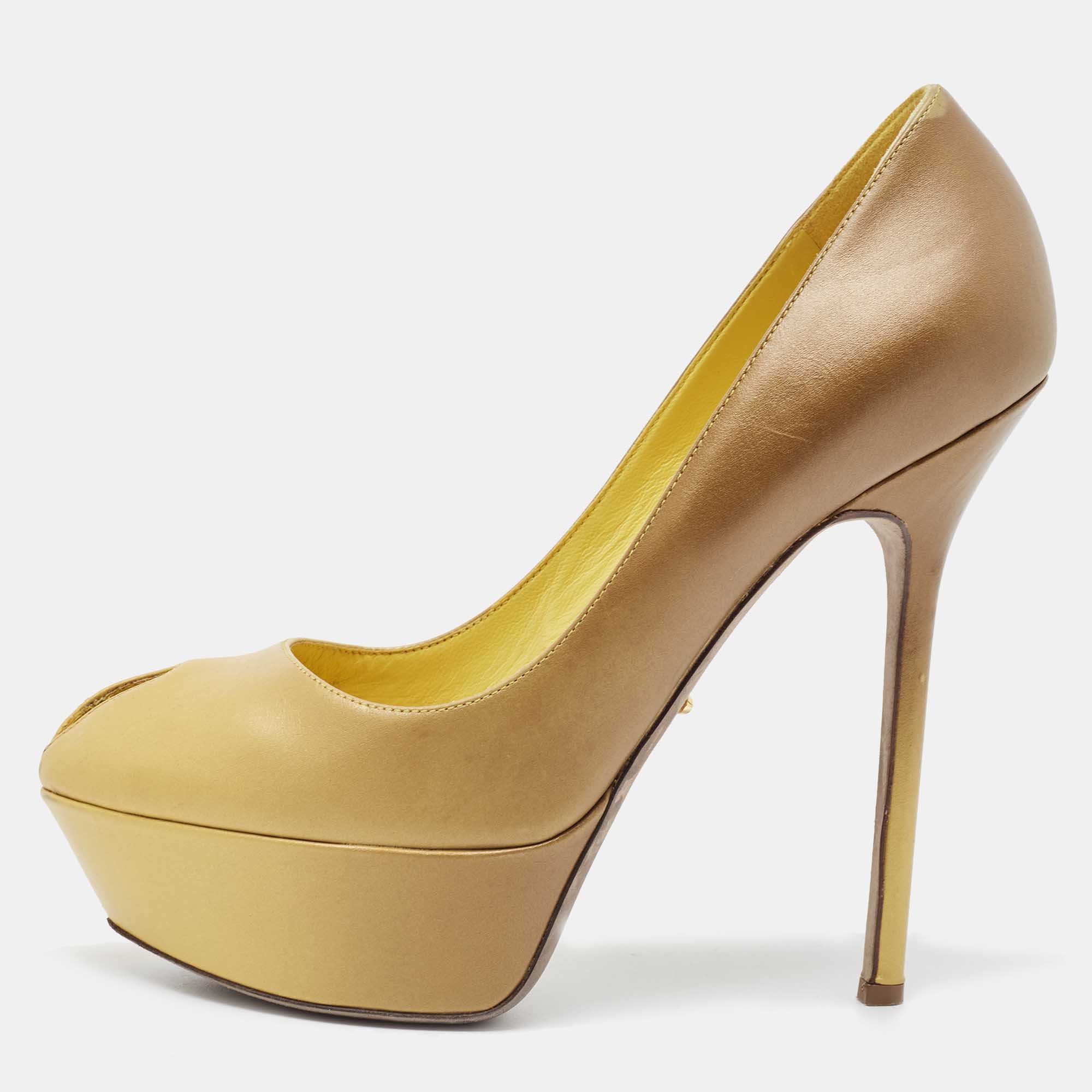 Pre-owned Sergio Rossi Yellow Leather Peep Toe Platform Pumps Size 37