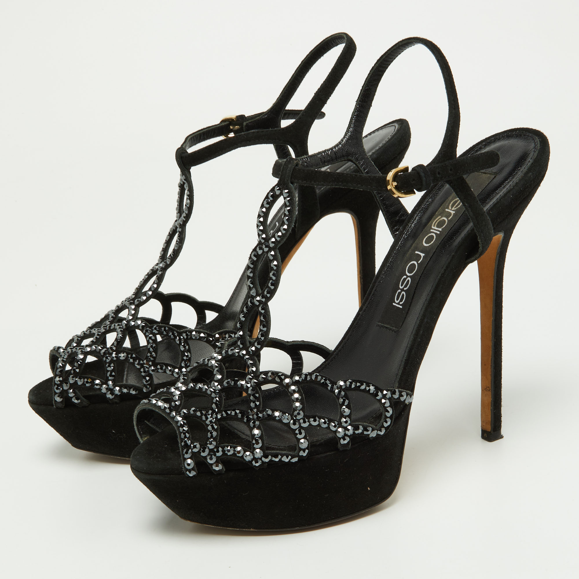 

Sergio Rossi Black Crystal Embellished Suede T-Bar Ankle Strap Platform Sandals Size