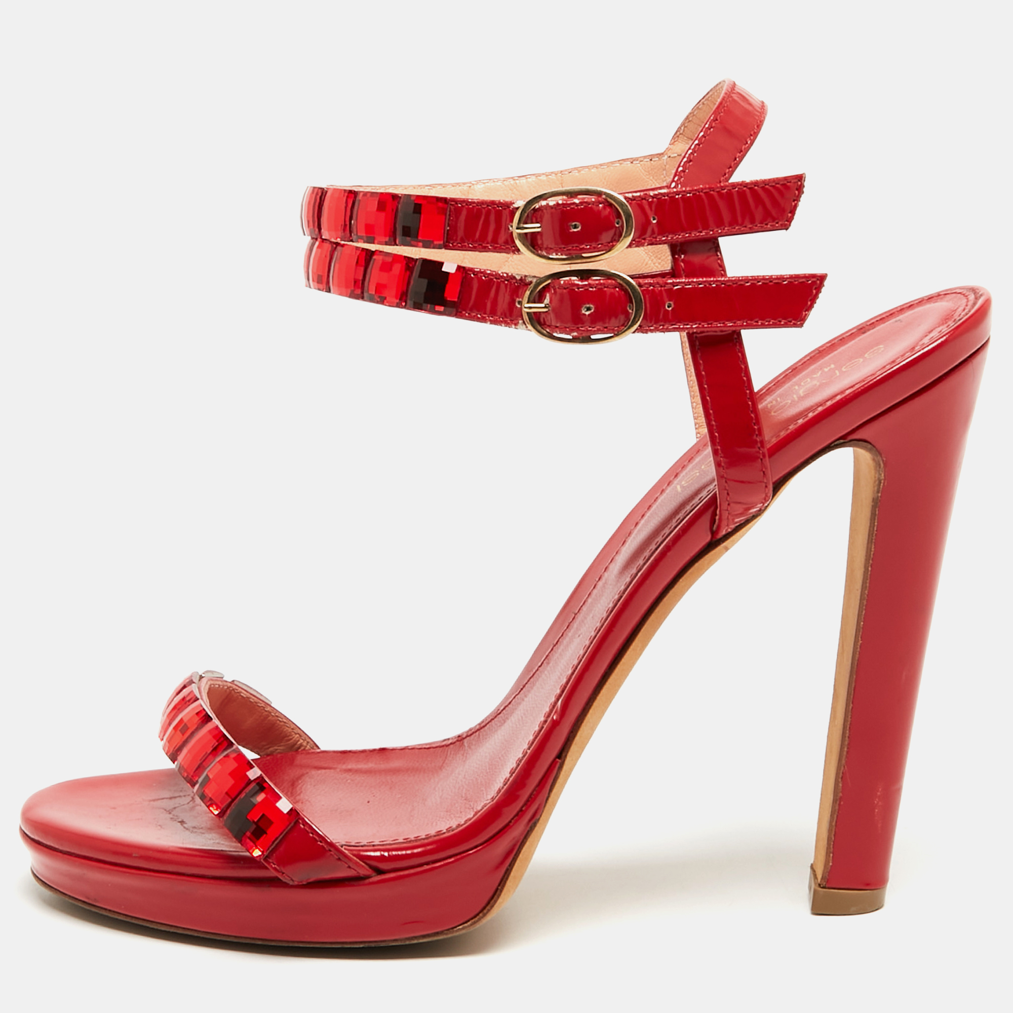 

Sergio Rossi Red Leather Crystal Embellished Ankle Strap Sandals Size