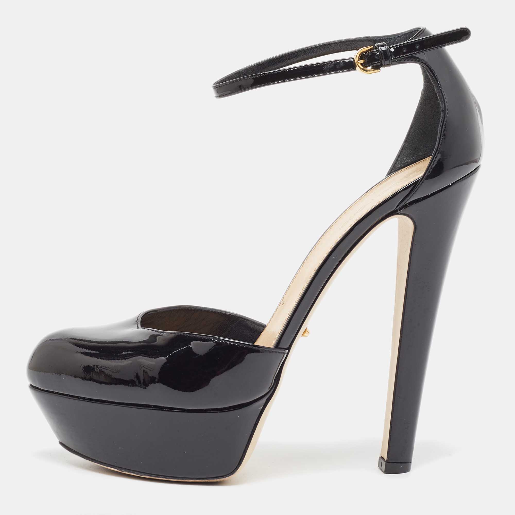 

Sergio Rossi Black Patent Leather Platform Ankle Strap Pumps Size